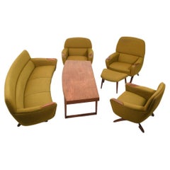 Canapé banane, chaises longues et table vintage Leif Hansen des années 1960, 6 pièces