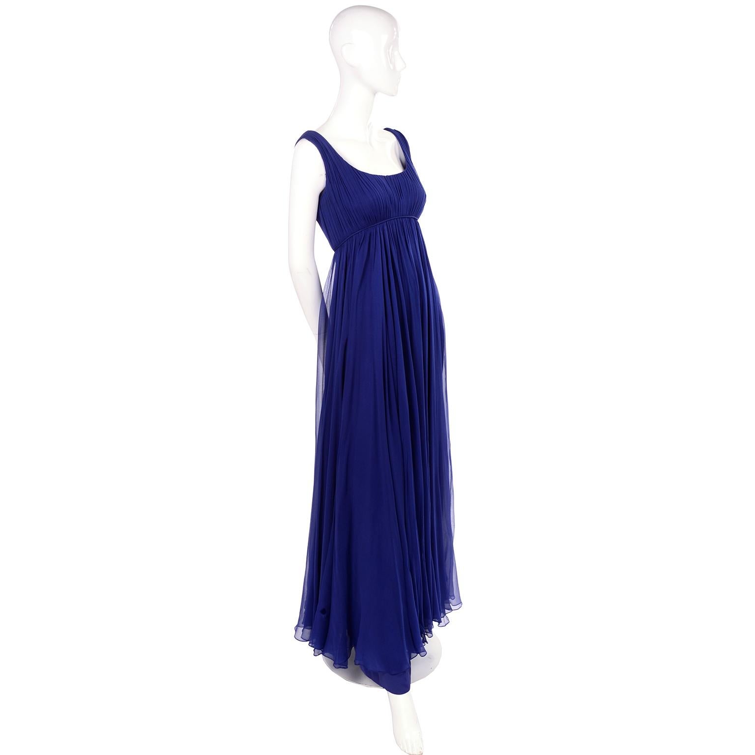 1960s Vintage Malcolm Starr Blue Silk Chiffon Empire Waist Dress In Excellent Condition In Portland, OR