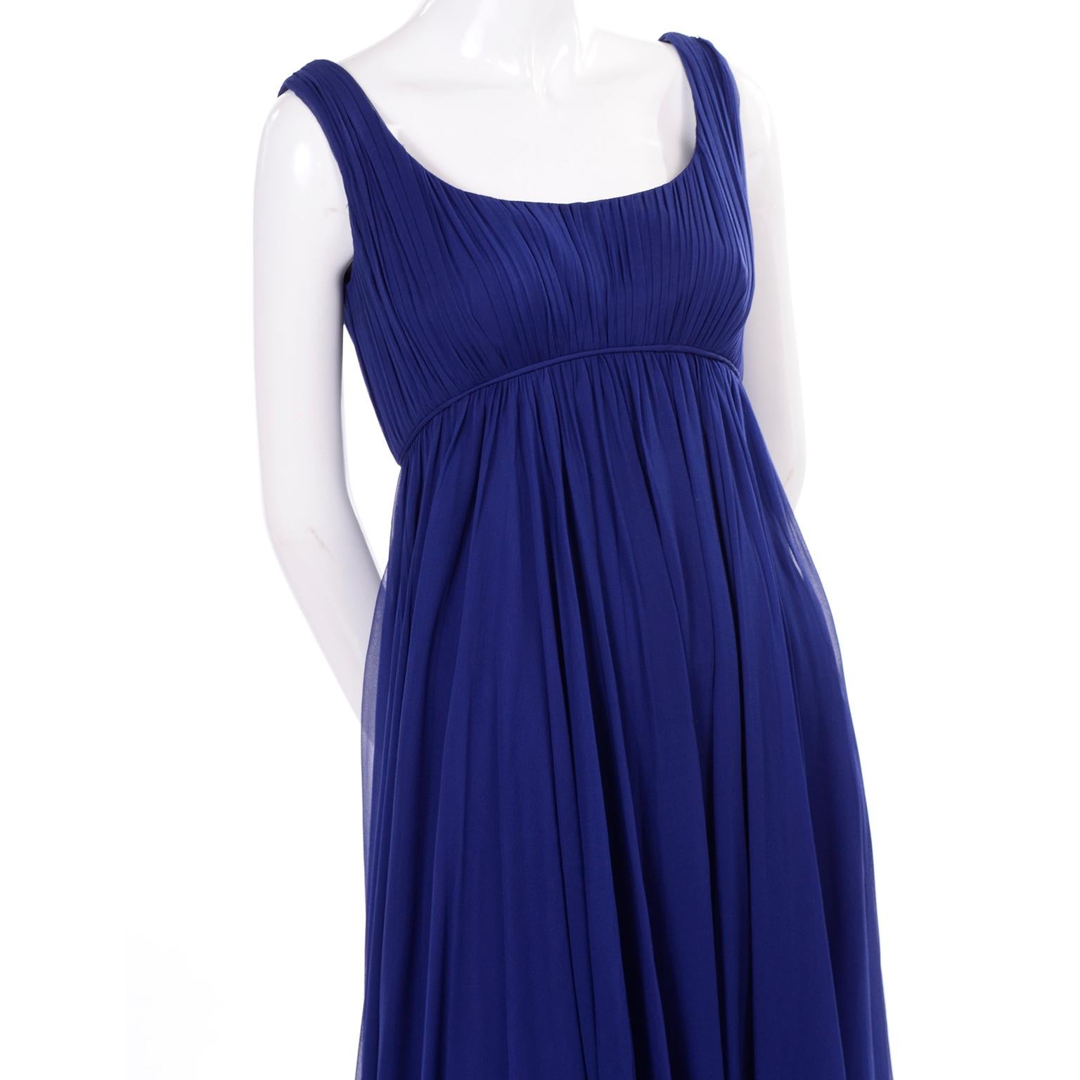 1960s Vintage Malcolm Starr Blue Silk Chiffon Empire Waist Dress 3