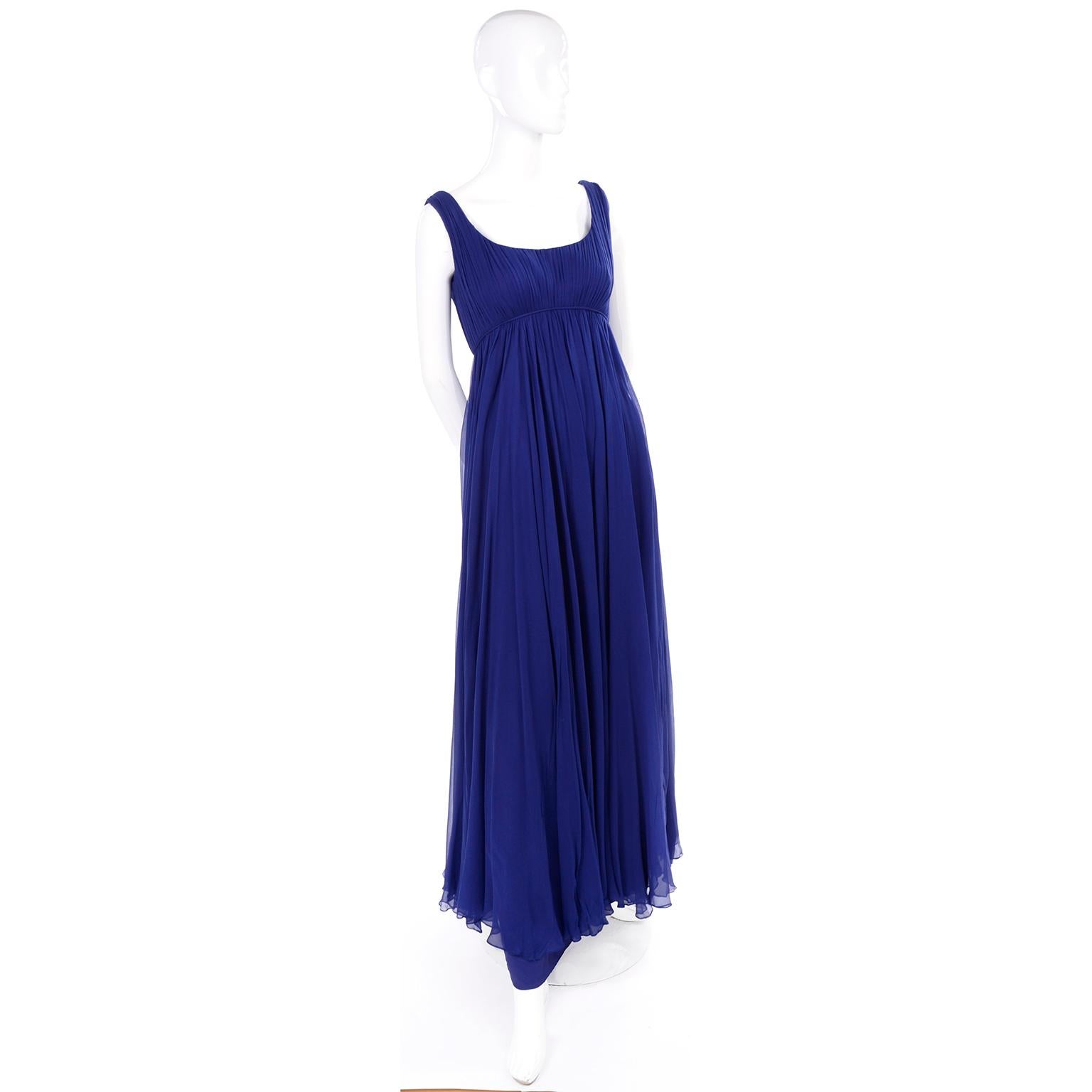 1960s Vintage Malcolm Starr Blue Silk Chiffon Empire Waist Dress 4