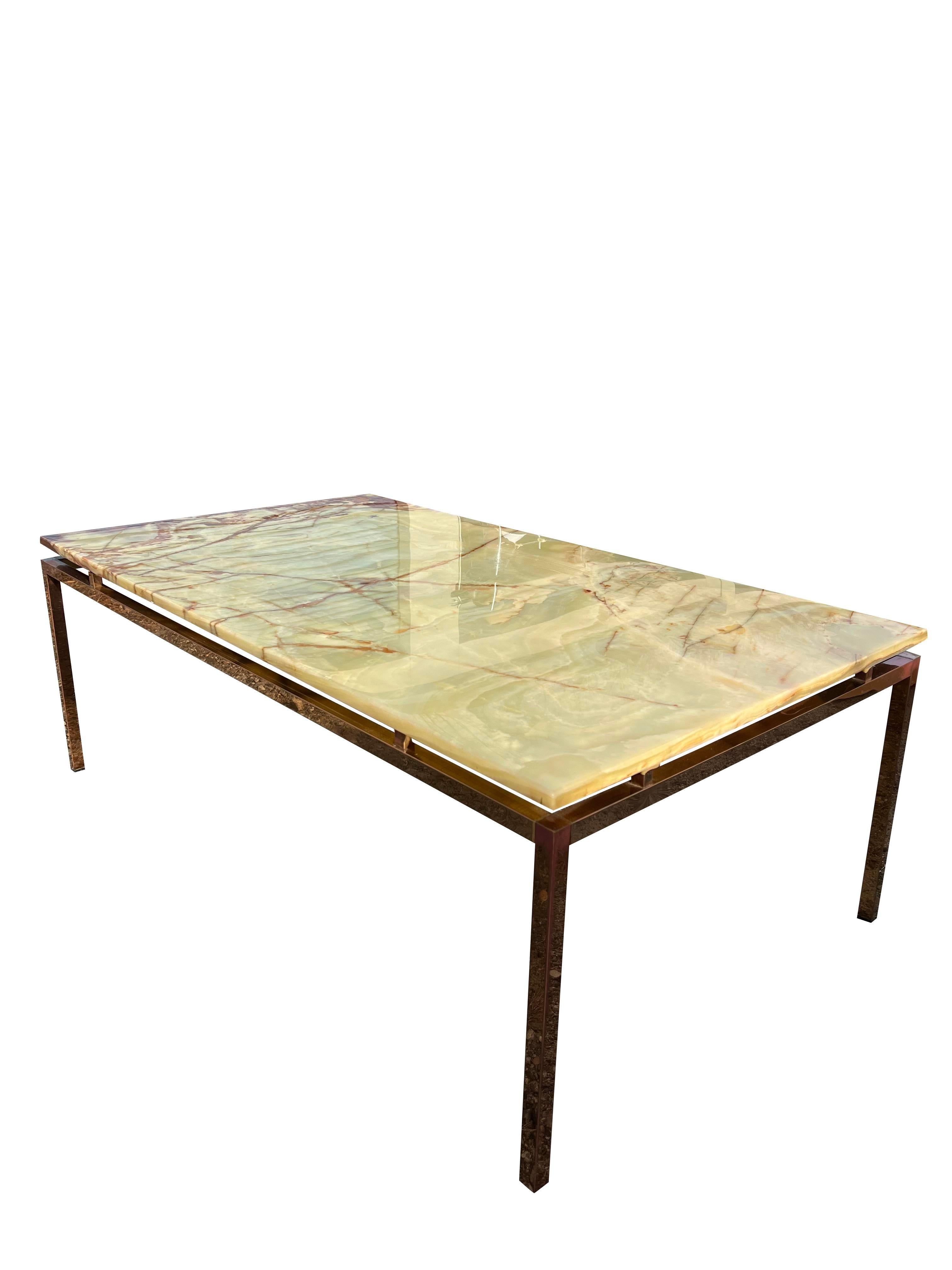 1960s Vintage Marble Stone Coffee Table With Brass Base in Florence Knoll Style 3