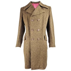 1960s Retro Mens Long Brown Wool Tweed Pea Coat