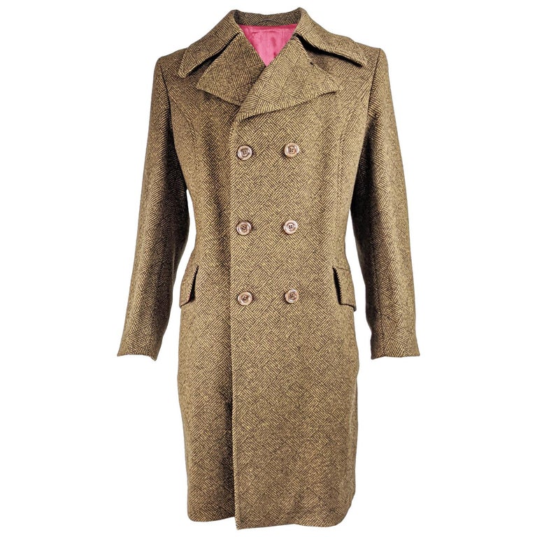 Long Brown Wool Tweed Pea Coat, Mens Vintage Pea Coat Pattern