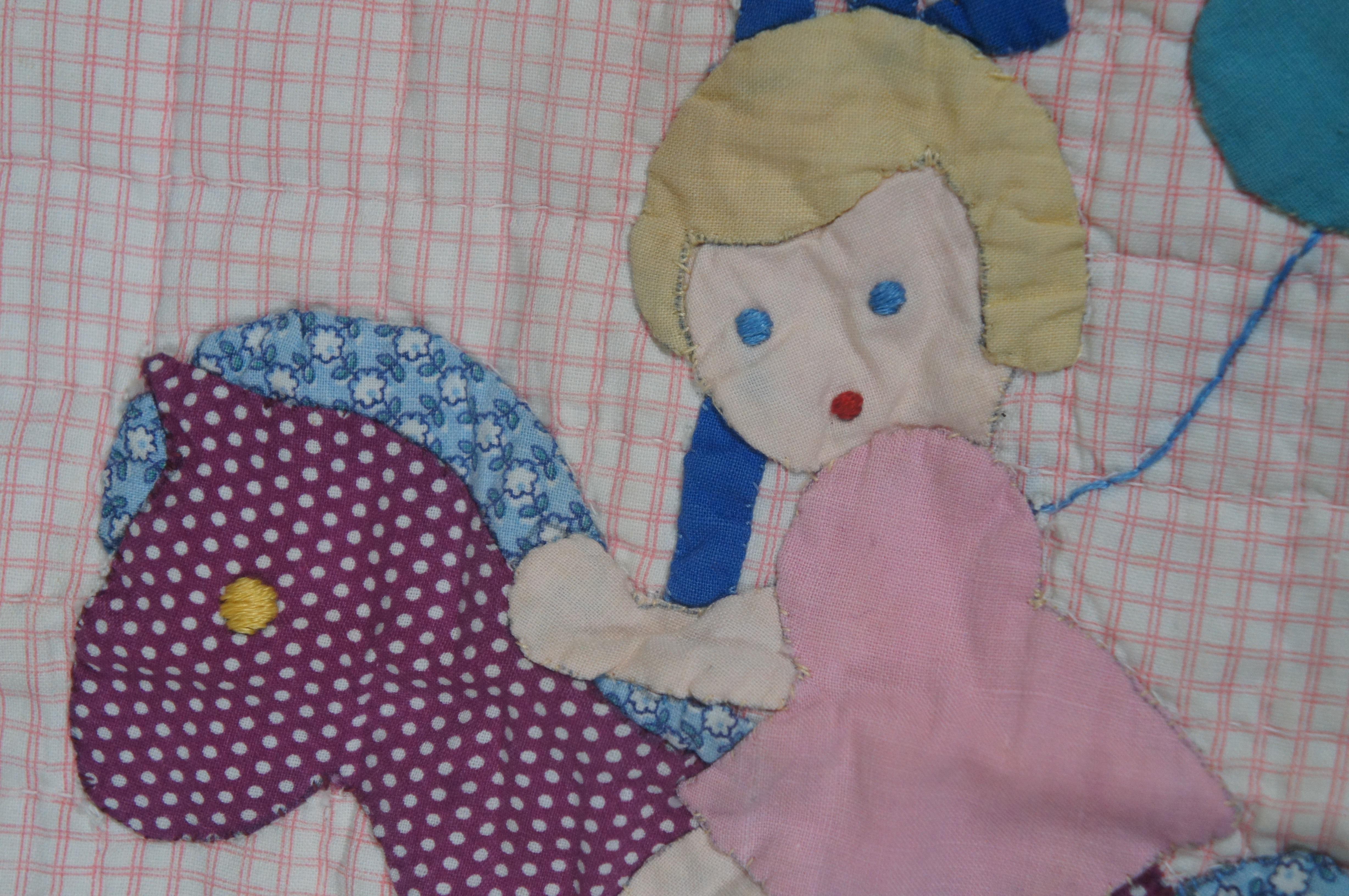 1960s Vintage Merry Go Round Crib Quilt Applique Cotton Childrens Toddler 53.5