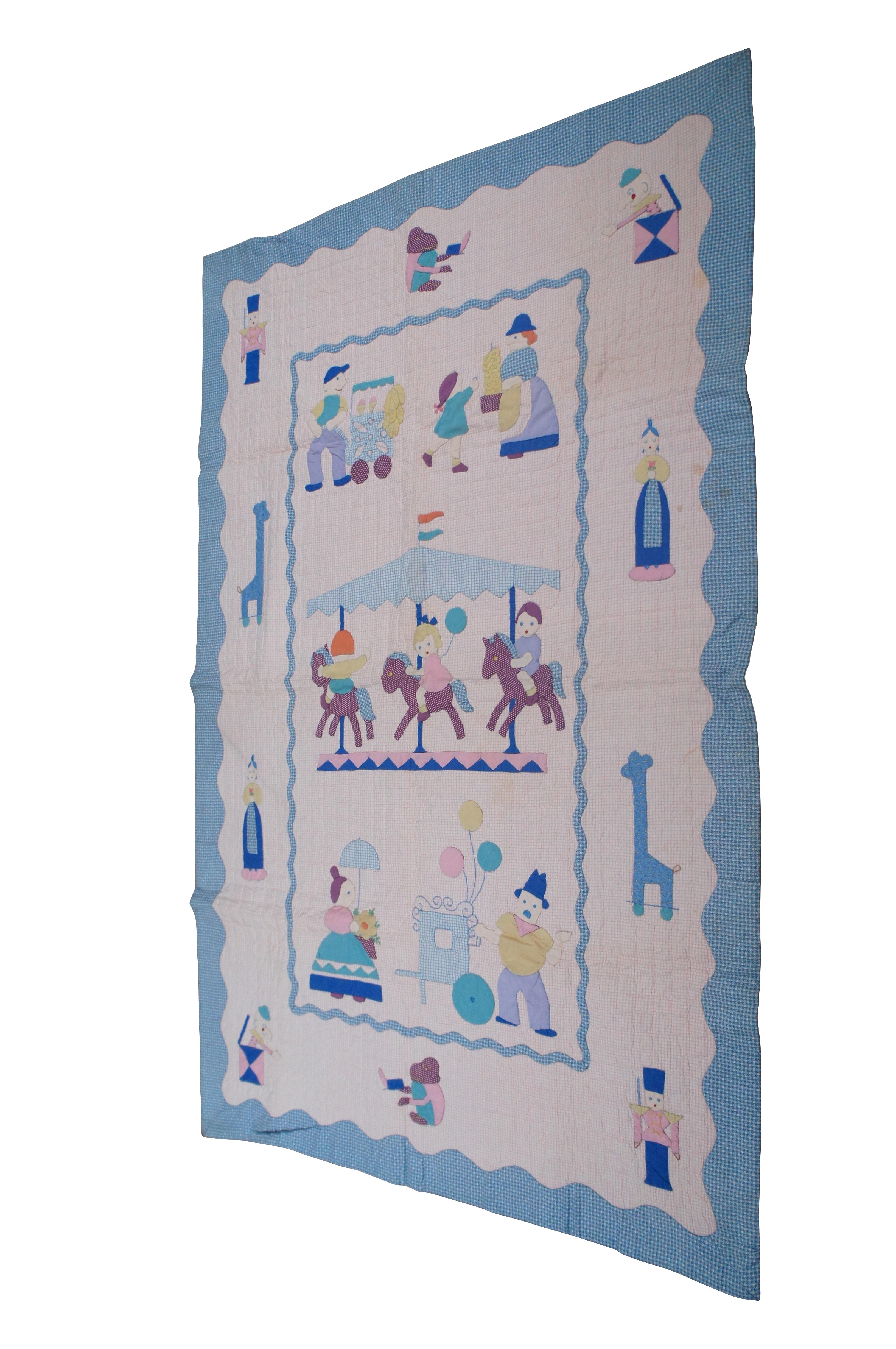 Mid-Century Modern 1960s Vintage Merry Go Round Crib Quilt Applique Cotton Childrens Toddler 53.5