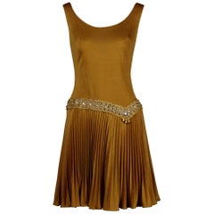 1960s Vintage Metallic Gold Cocktail Dress w/ Embellished Rhinestone Drop Waist