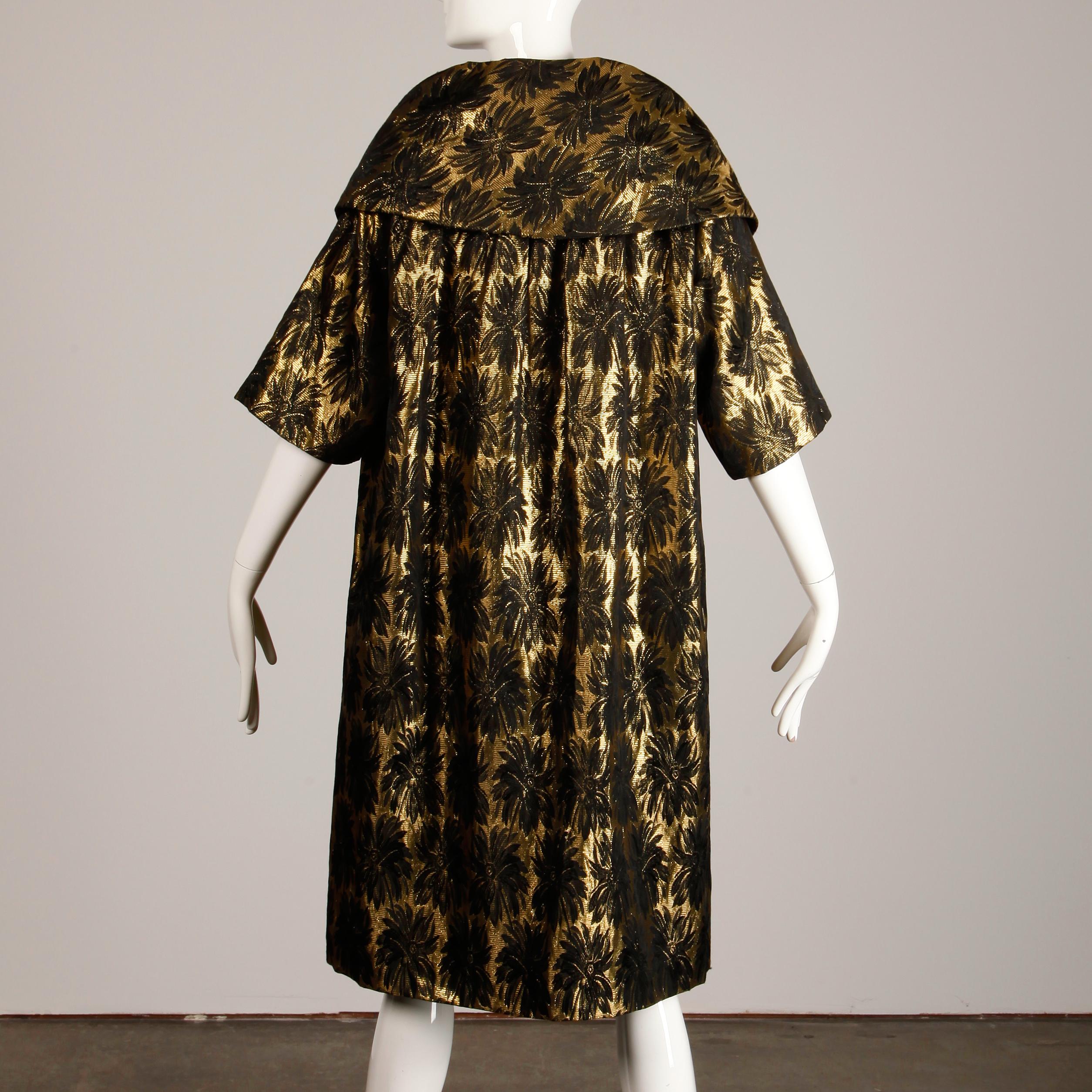 Black 1960s Vintage Metallic Gold Damask Opera or Evening Coat with Pop Up Collar For Sale