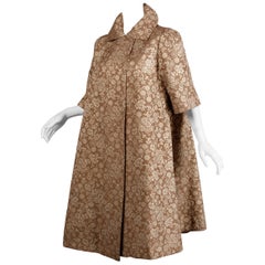 1960s Vintage Metallic Gold + Tan Silk Brocade Trapeze Opera Coat w/ 3/4 Sleeves