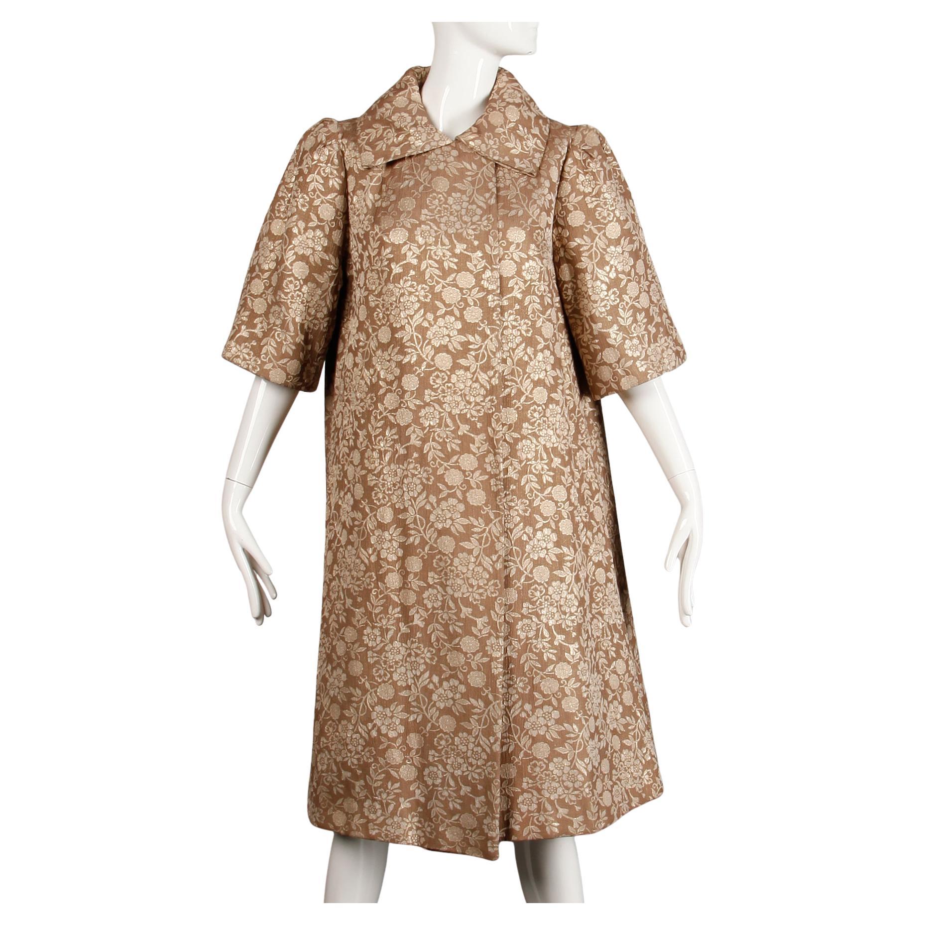 1960s Vintage Metallic Gold + Tan Silk Brocade Trapeze Opera Coat w/ 3/4 Sleeves For Sale