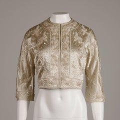 1960s Vintage Metallic Sequin + Beaded Ivory White Silk Satin 3/4 Sleeve Jacket