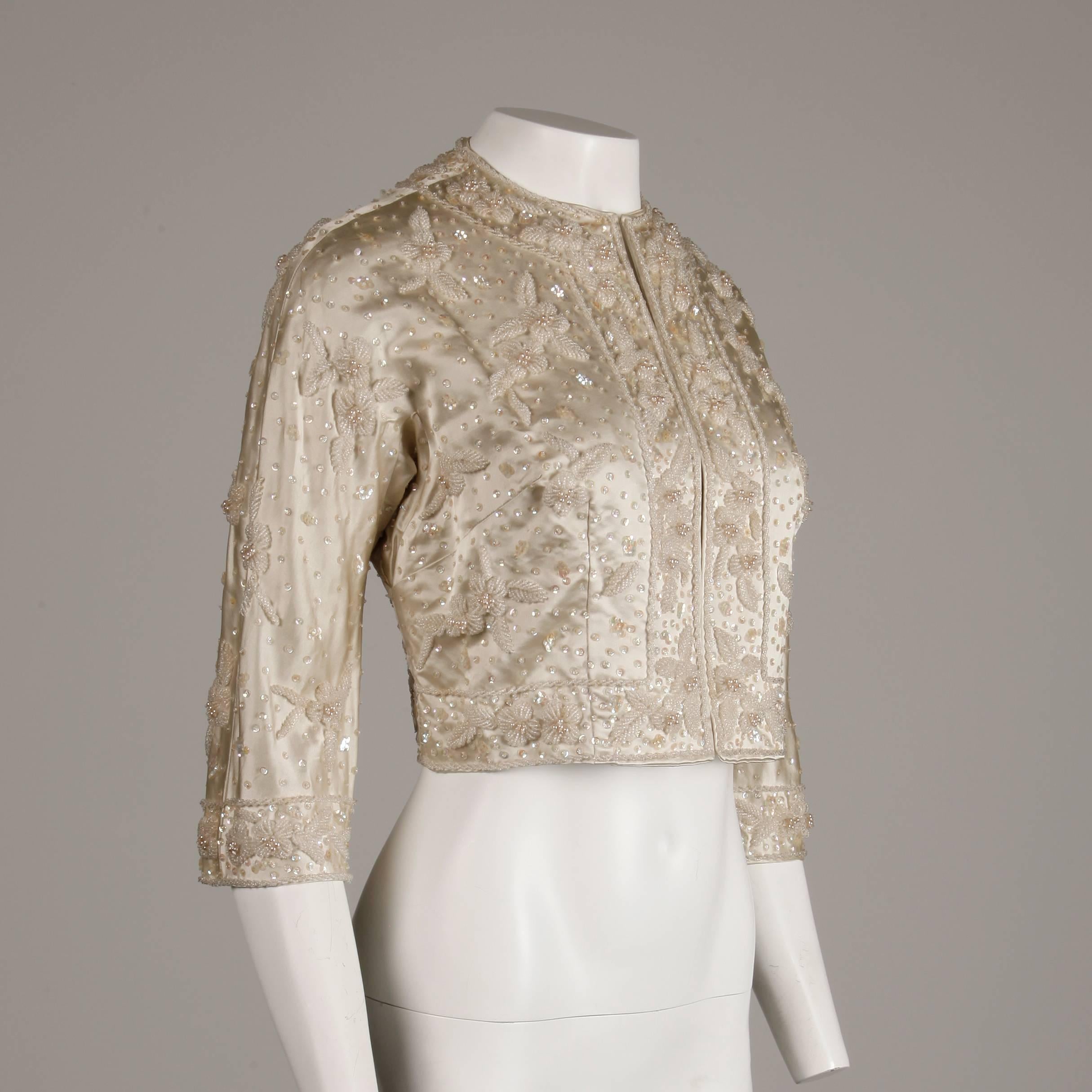 Women's 1960s Vintage Metallic Sequin + Beaded Ivory White Silk Satin 3/4 Sleeve Jacket
