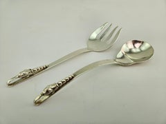 1960's Vintage Mexican F. Ramirez Sterling Silver Blossom Pattern Salad Servers