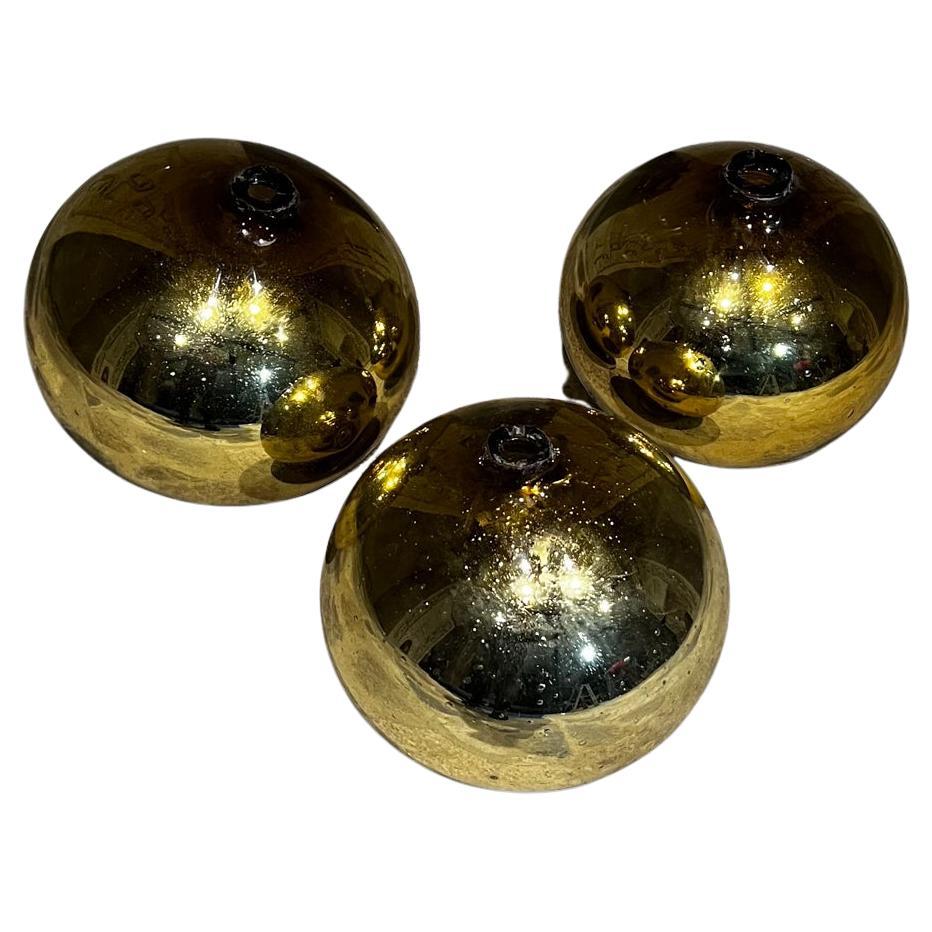1960s Vintage Mexico Three Gold Globes Gazing Ball Spheres Blown Mercury Glass For Sale