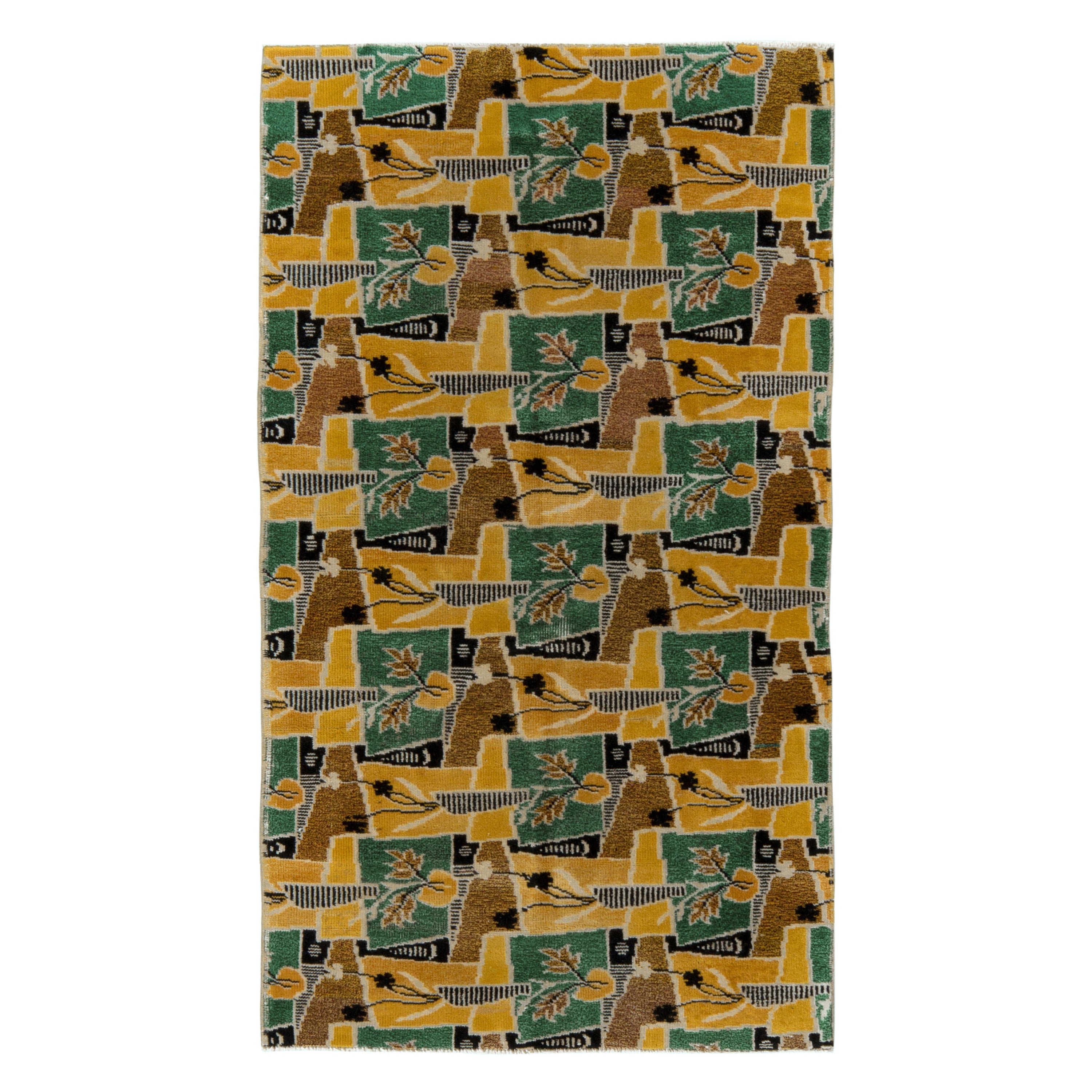 Tapis vintage moderne mi-siècle moderne des années 1960, motif floral Déco vert par Rug & Kilim