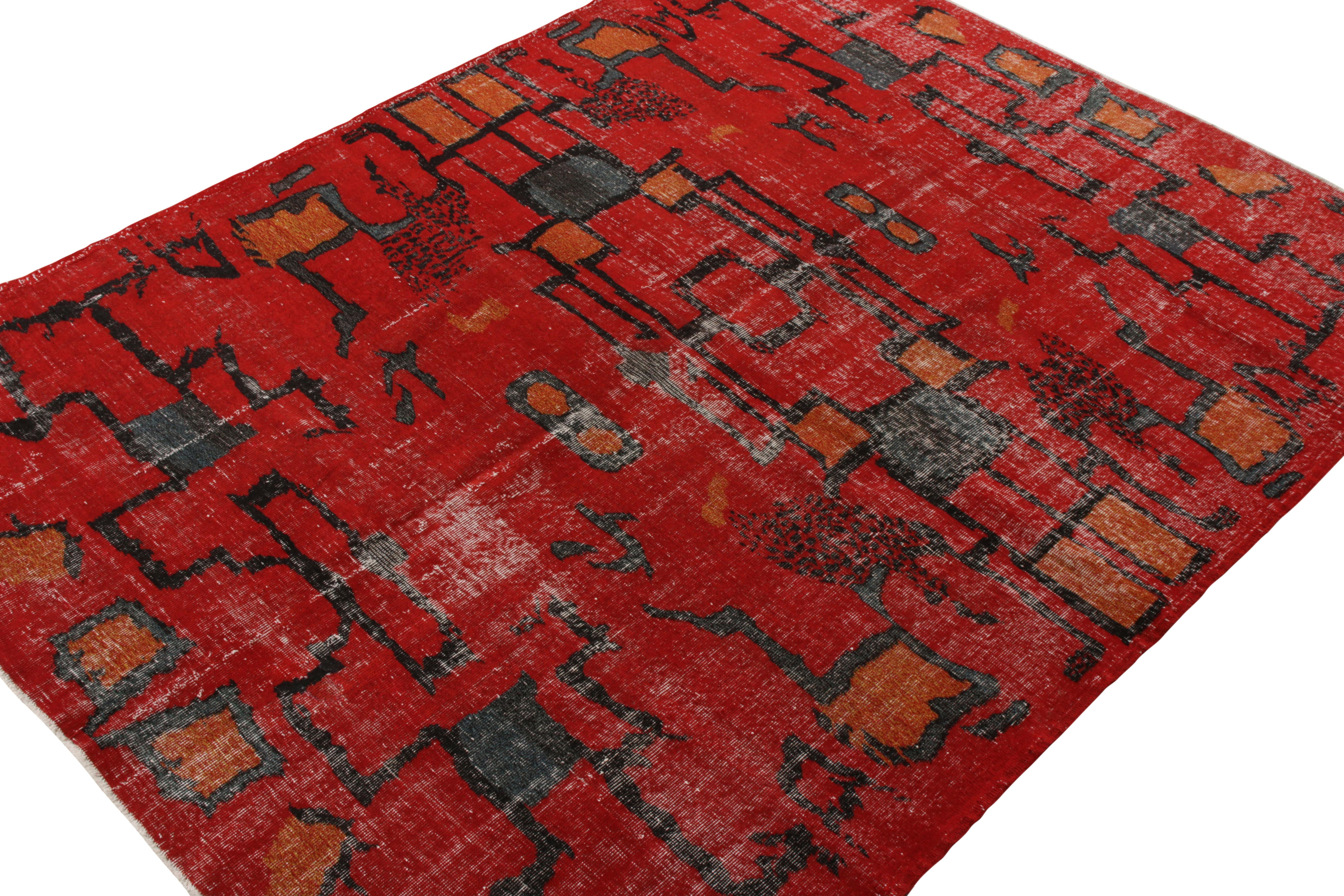 Art Deco 1960s Vintage Mid-Century Modern Rug in Red Distressed Pattern by Rug & Kilim For Sale