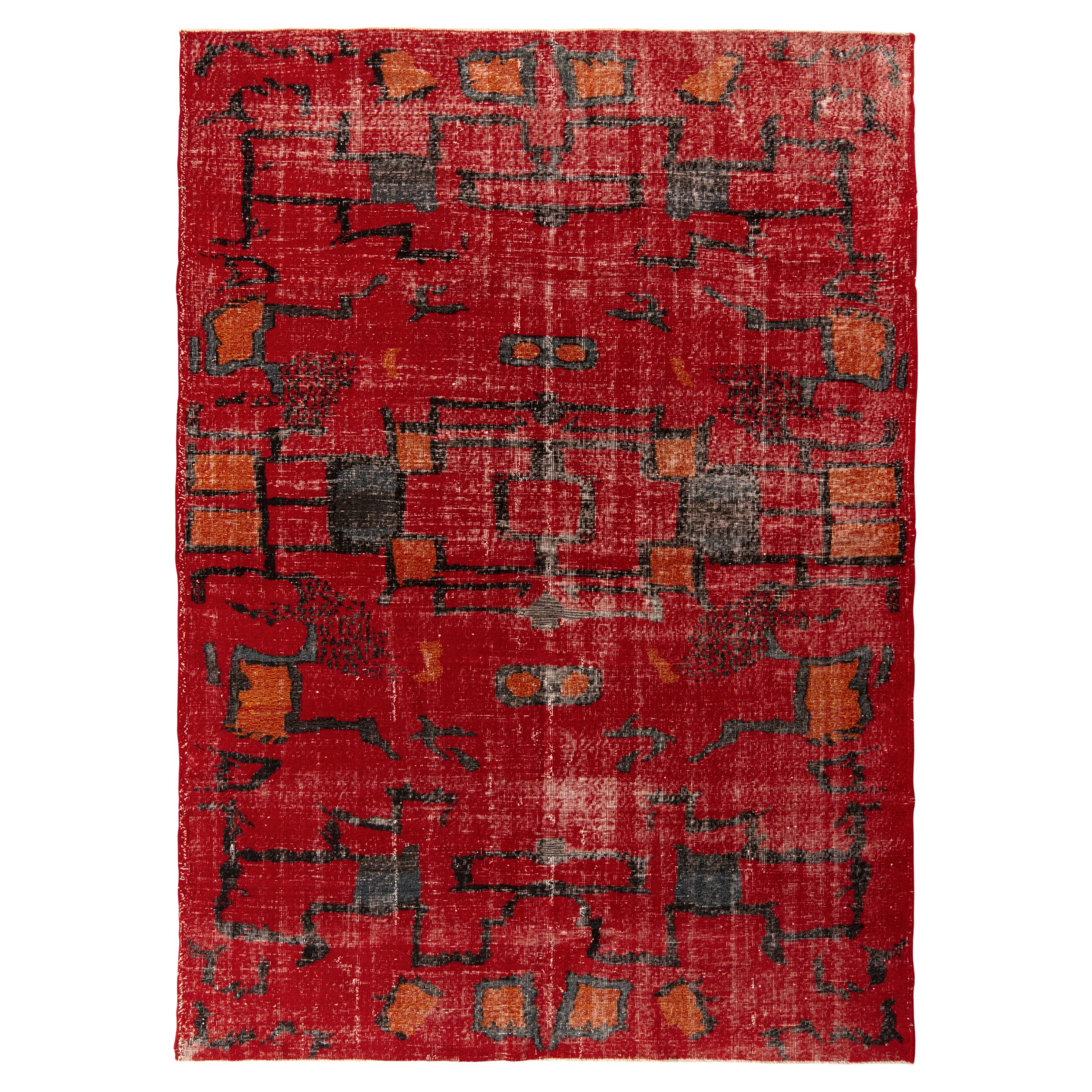 1960s Vintage Mid-Century Modern Rug in Red Distressed Pattern by Rug & Kilim For Sale