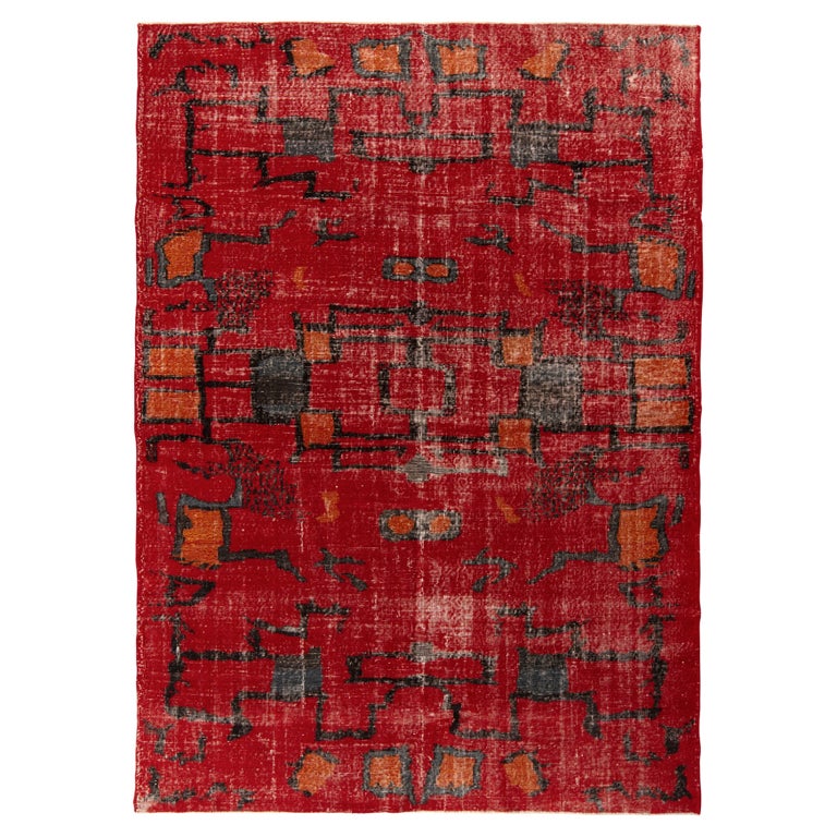1960s Vintage MidCentury Modern Rug in Red Distressed Pattern by Rug