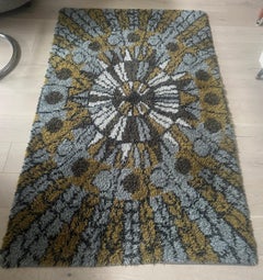 1960s Vintage Mid Century Scandinavian Rya Shagpile "Sun-Dial" Knotted Wool Rug