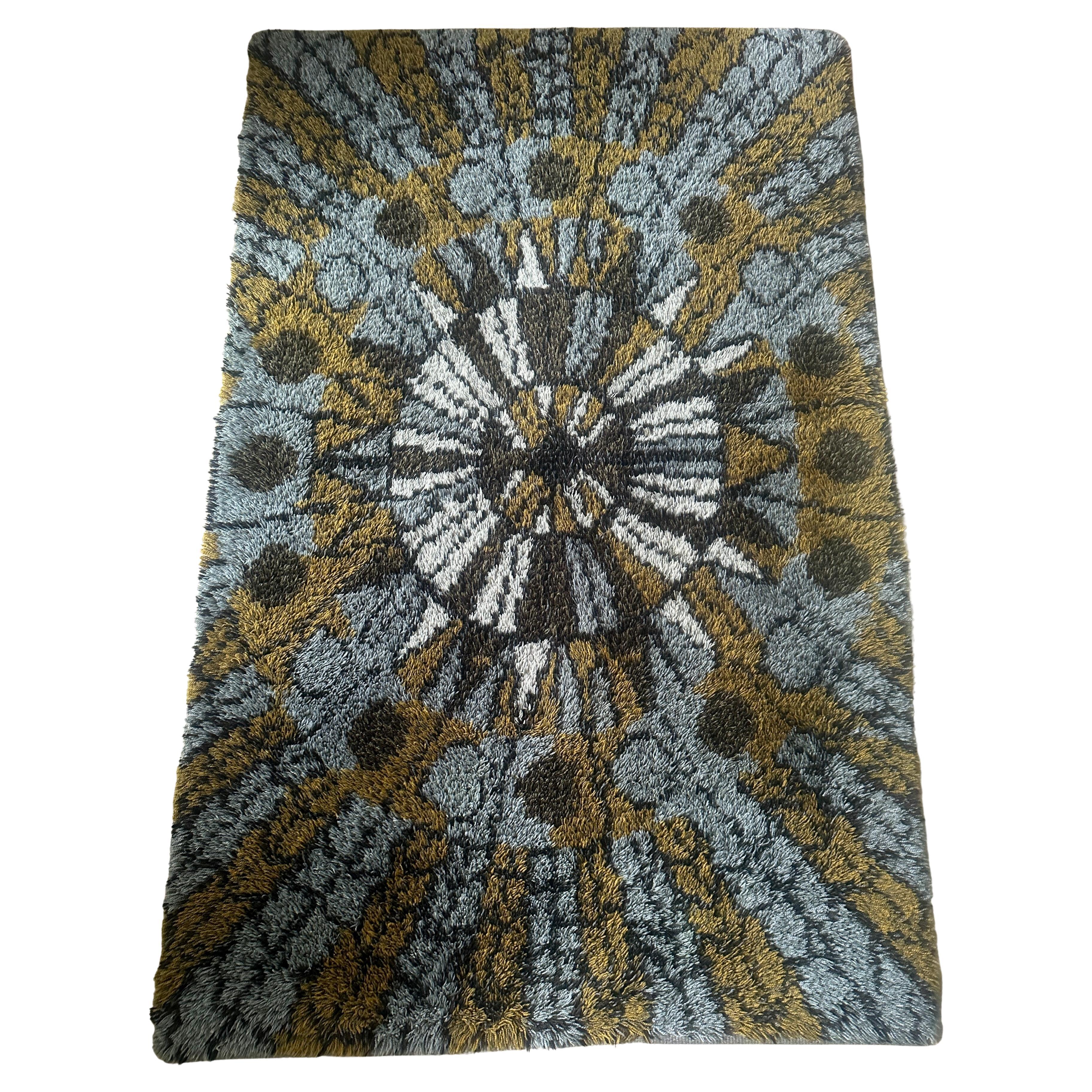 1960s Vintage Mid Century Scandinavian Rya Shagpile "Sun-Dial" Knotted Wool Rug For Sale