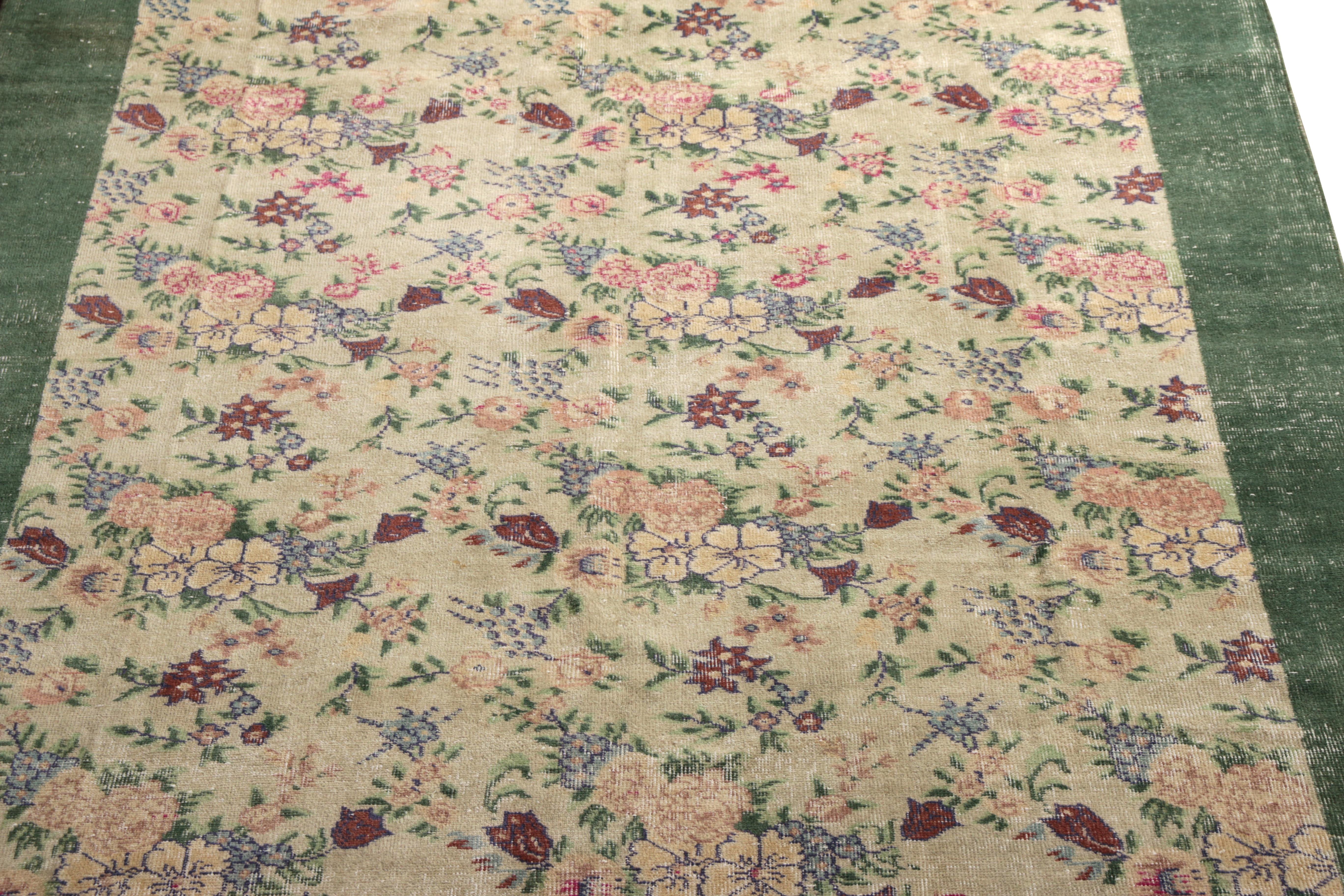 Art Deco 1960s Vintage Midcentury Rug Pink and Green Transitional Floral Pattern