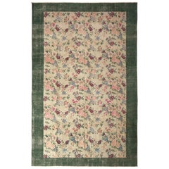 1960s Vintage Midcentury Rug Pink and Green Transitional Floral Pattern