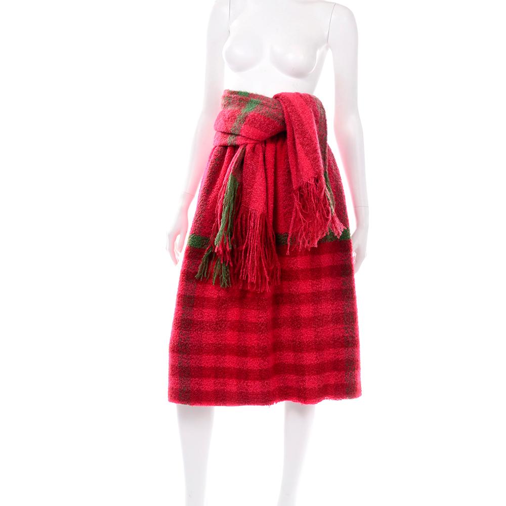 1960s Vintage Midi Skirt in Red & Green Plaid Fuzzy Mohair w Shawl Scarf 6