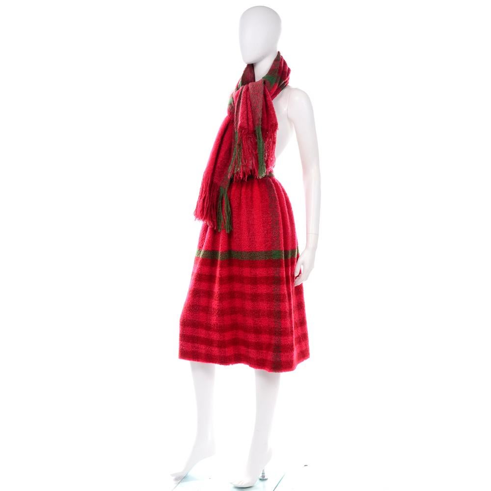 Women's 1960s Vintage Midi Skirt in Red & Green Plaid Fuzzy Mohair w Shawl Scarf