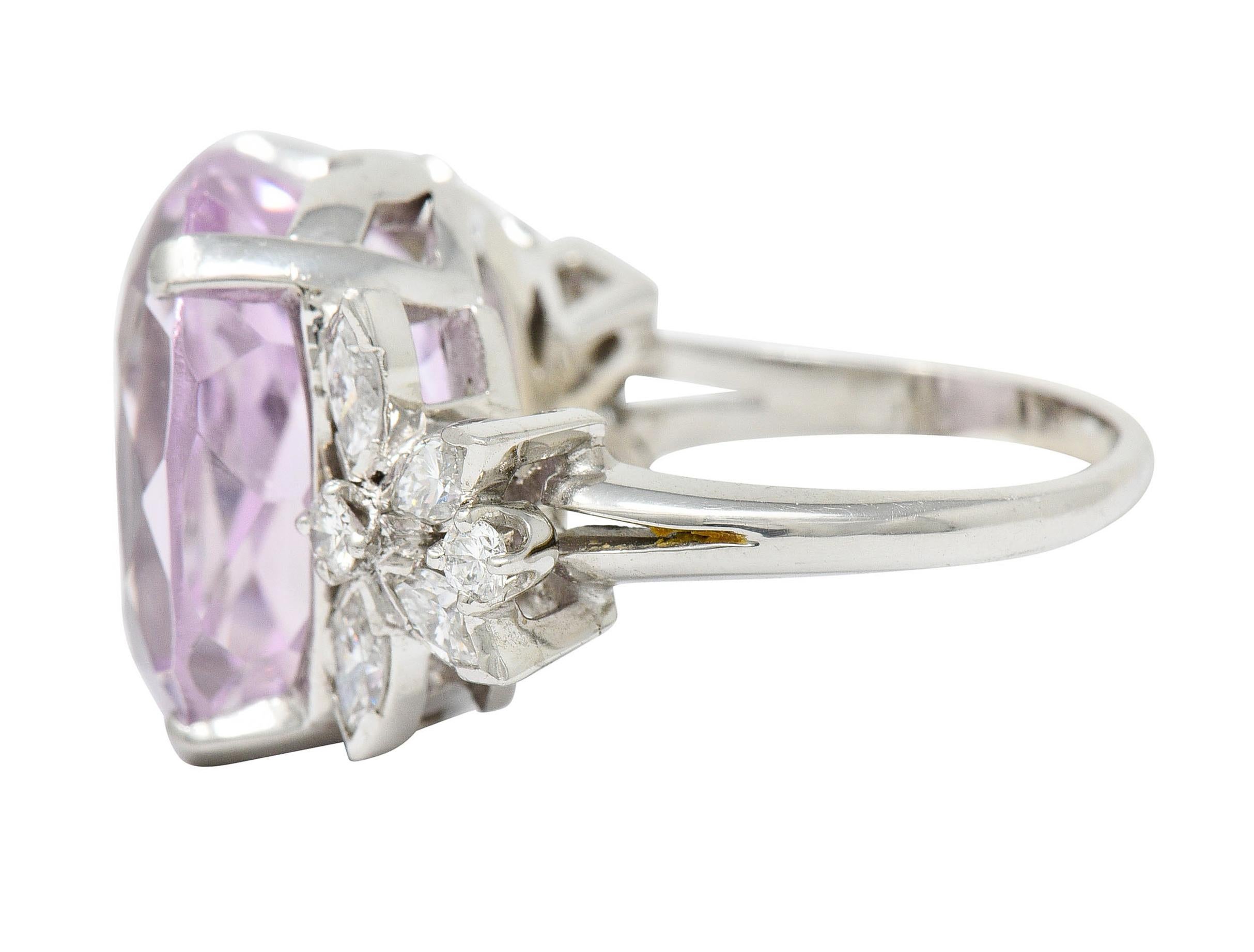 1960's Vintage Mixed Cushion Kunzite Diamond Platinum Cocktail Ring In Excellent Condition In Philadelphia, PA