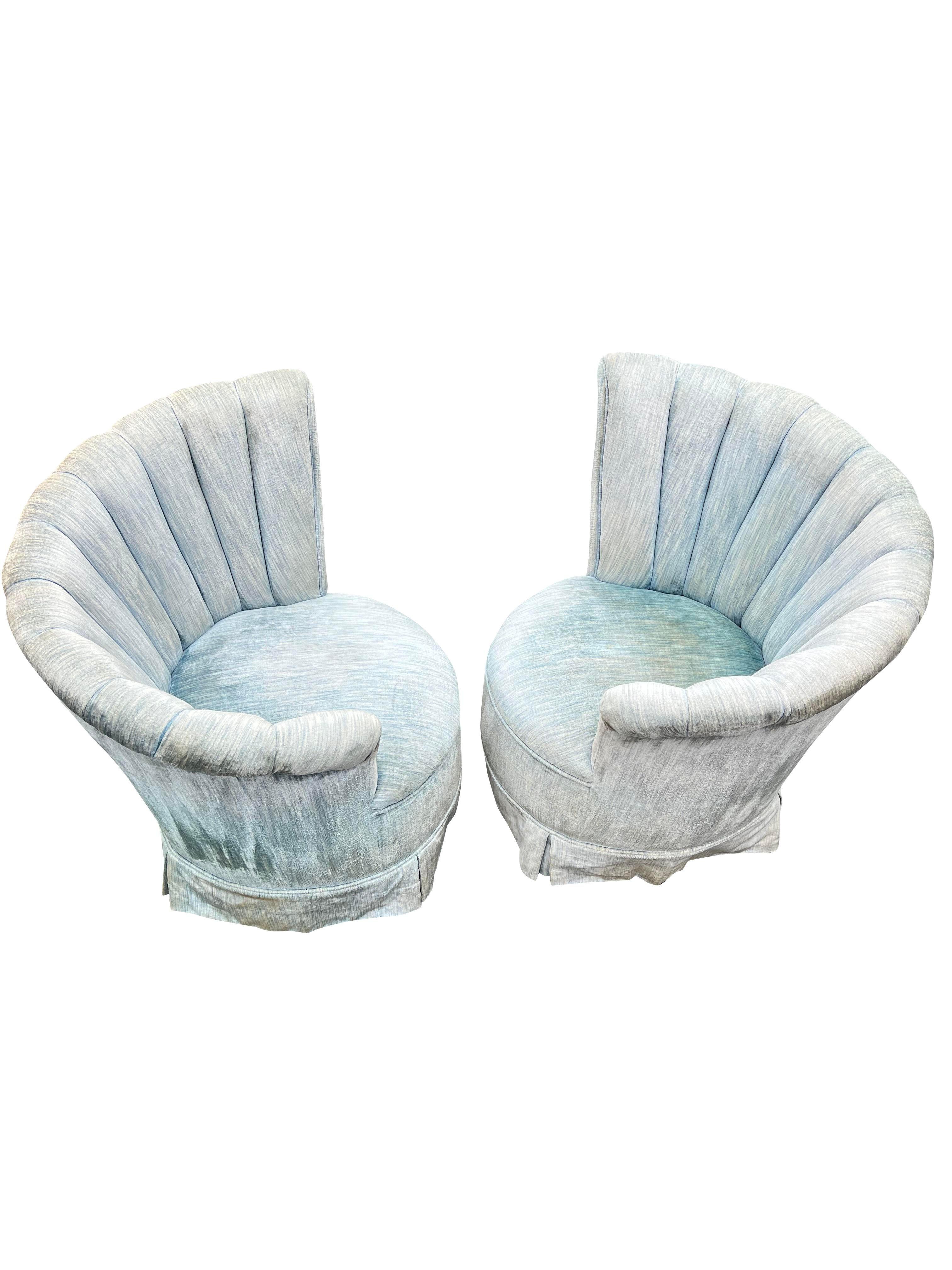 1960s Vintage Modern Fan Back Wing Chairs in Powder Blue a Pair 5
