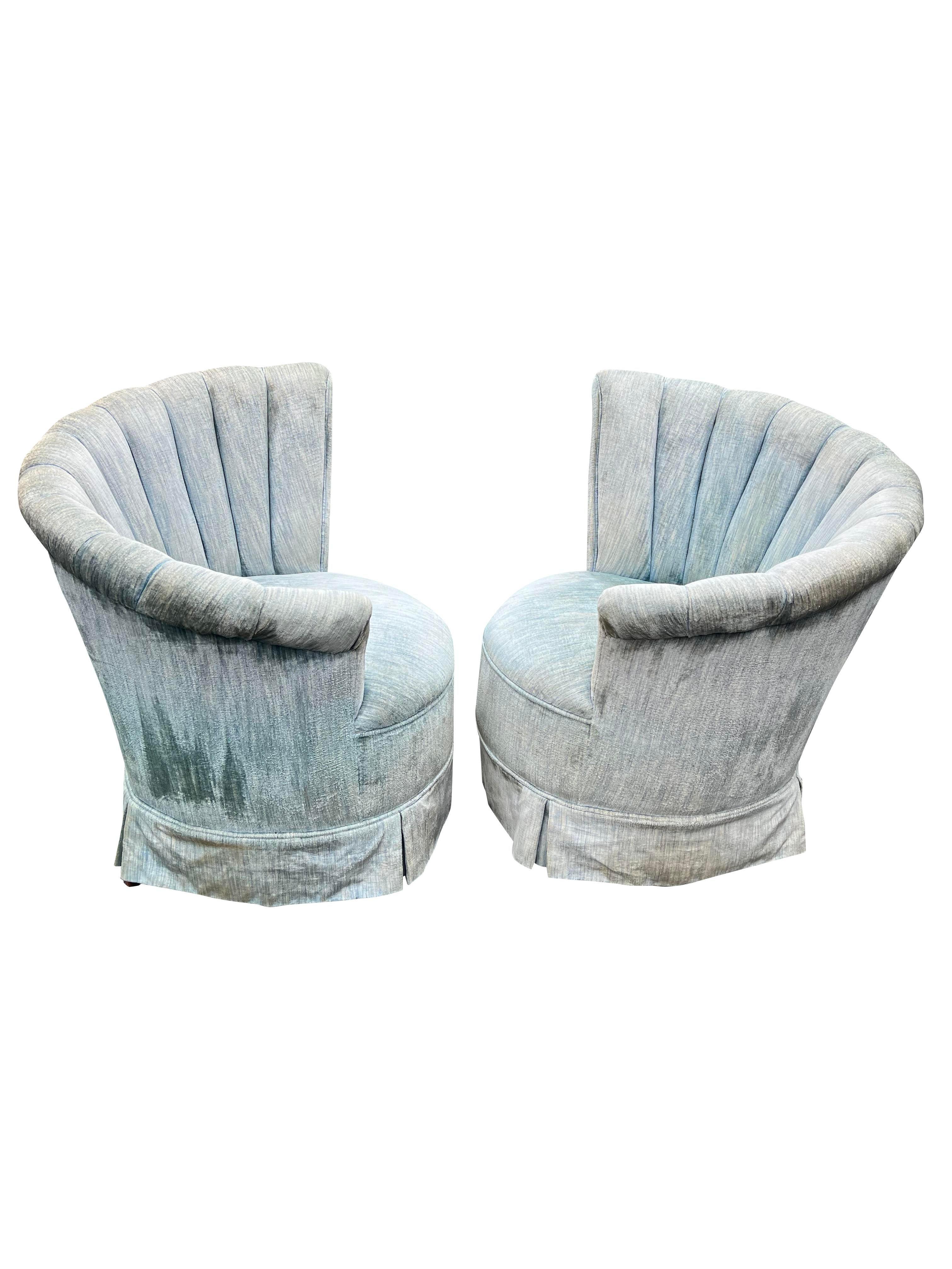 1960s Vintage Modern Fan Back Wing Chairs in Powder Blue a Pair 6