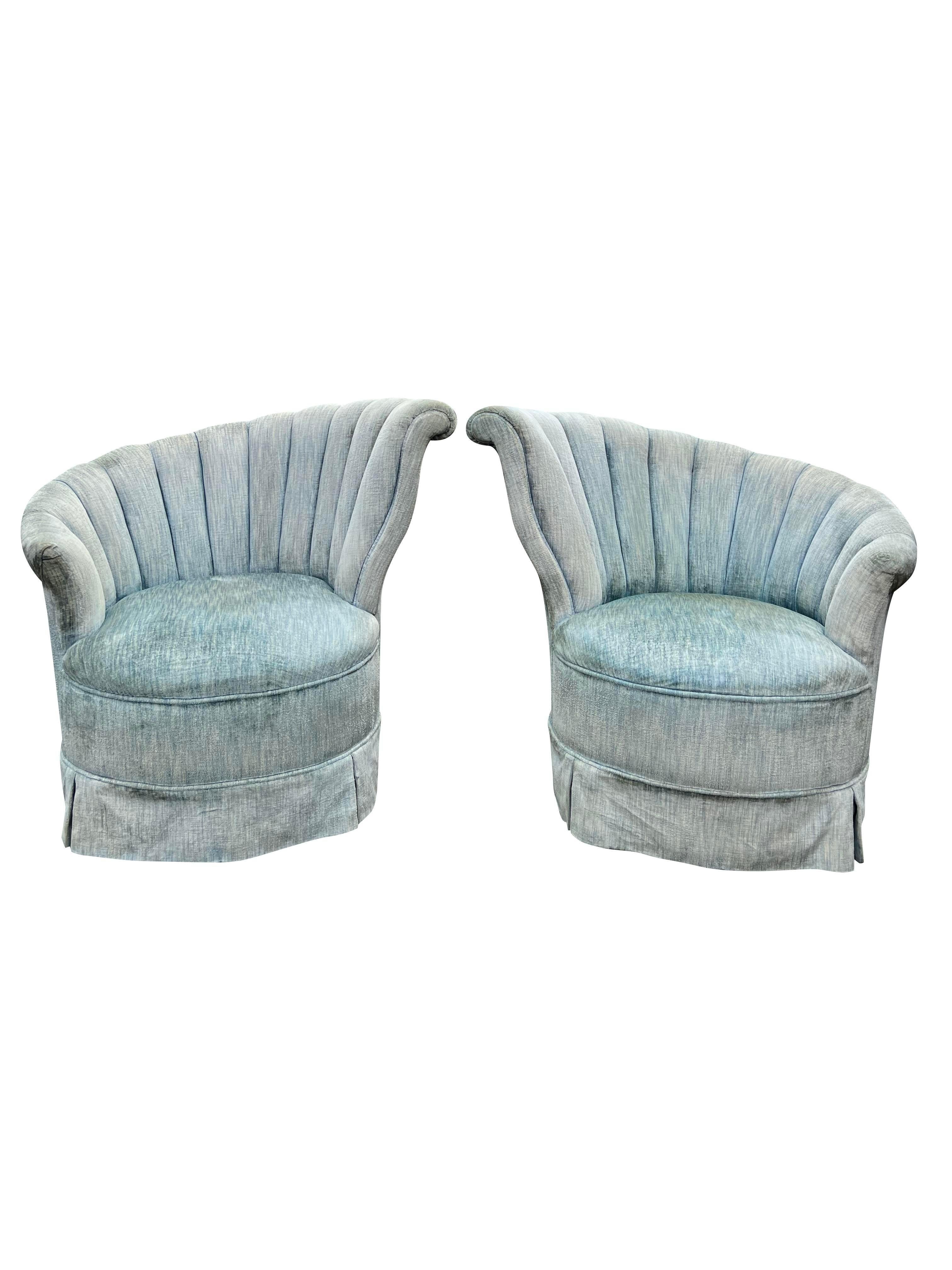 Mid-20th Century 1960s Vintage Modern Fan Back Wing Chairs in Powder Blue a Pair