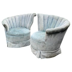 1960s Vintage Modern Fan Back Wing Chairs in Powder Blue a Pair