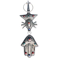 1960s Vintage Moroccan Etched Silver Hamsa Wall Decor w/Gems Handmade Boho Vibes