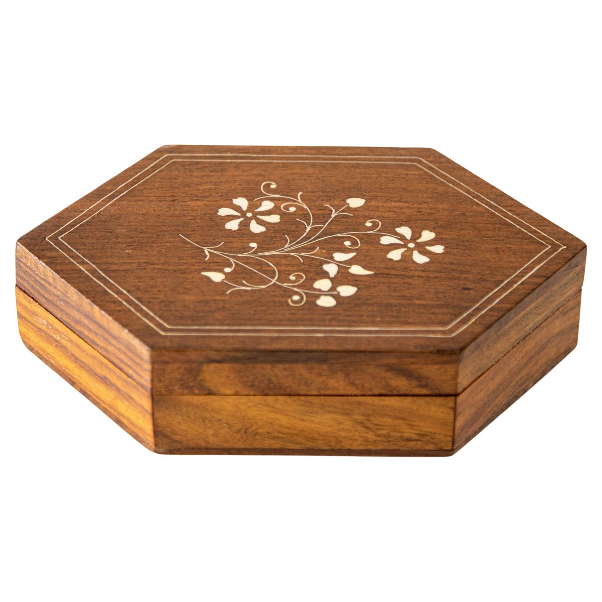 1960s Vintage Moroccan Inlaid Hexagonal Wood Box For Sale