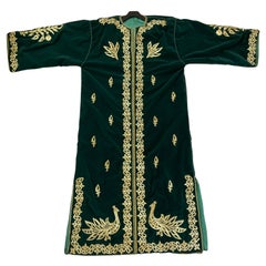 1960s Used Moroccan Velvet Caftan Emerald Green and Gold Thread