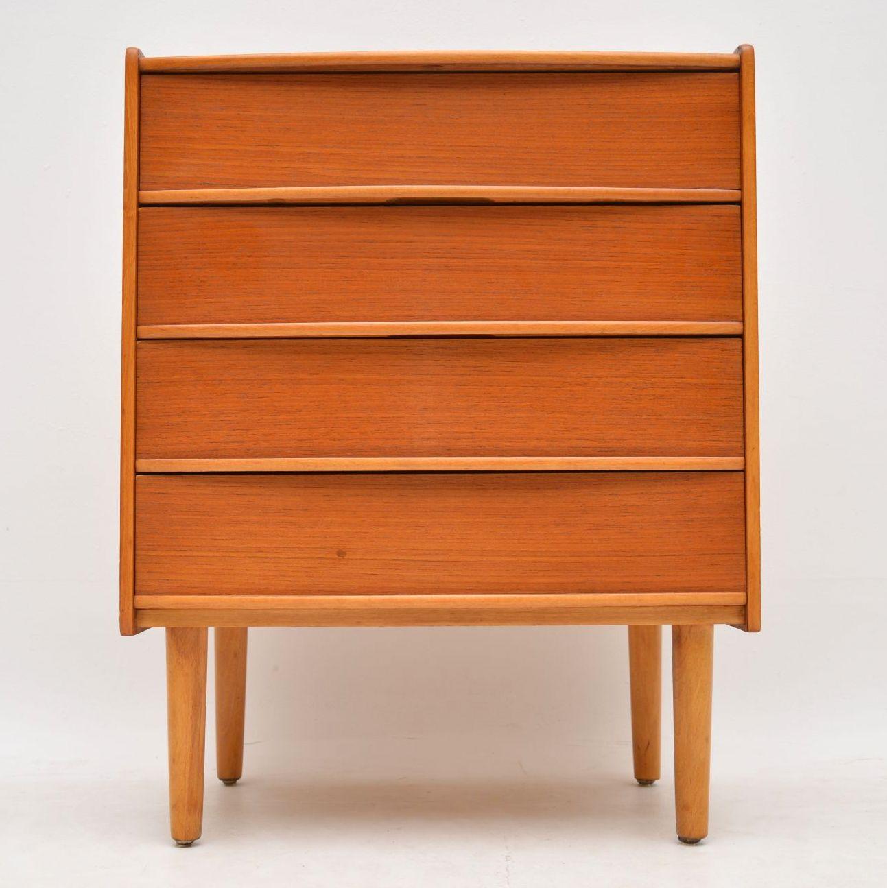A beautiful little vintage teak chest of drawers, this was made in Norway around the 1960s, it was made by Skeie and co. The condition is excellent for it’s age, we have had this completely stripped and re-polished with some minor repairs to chipped