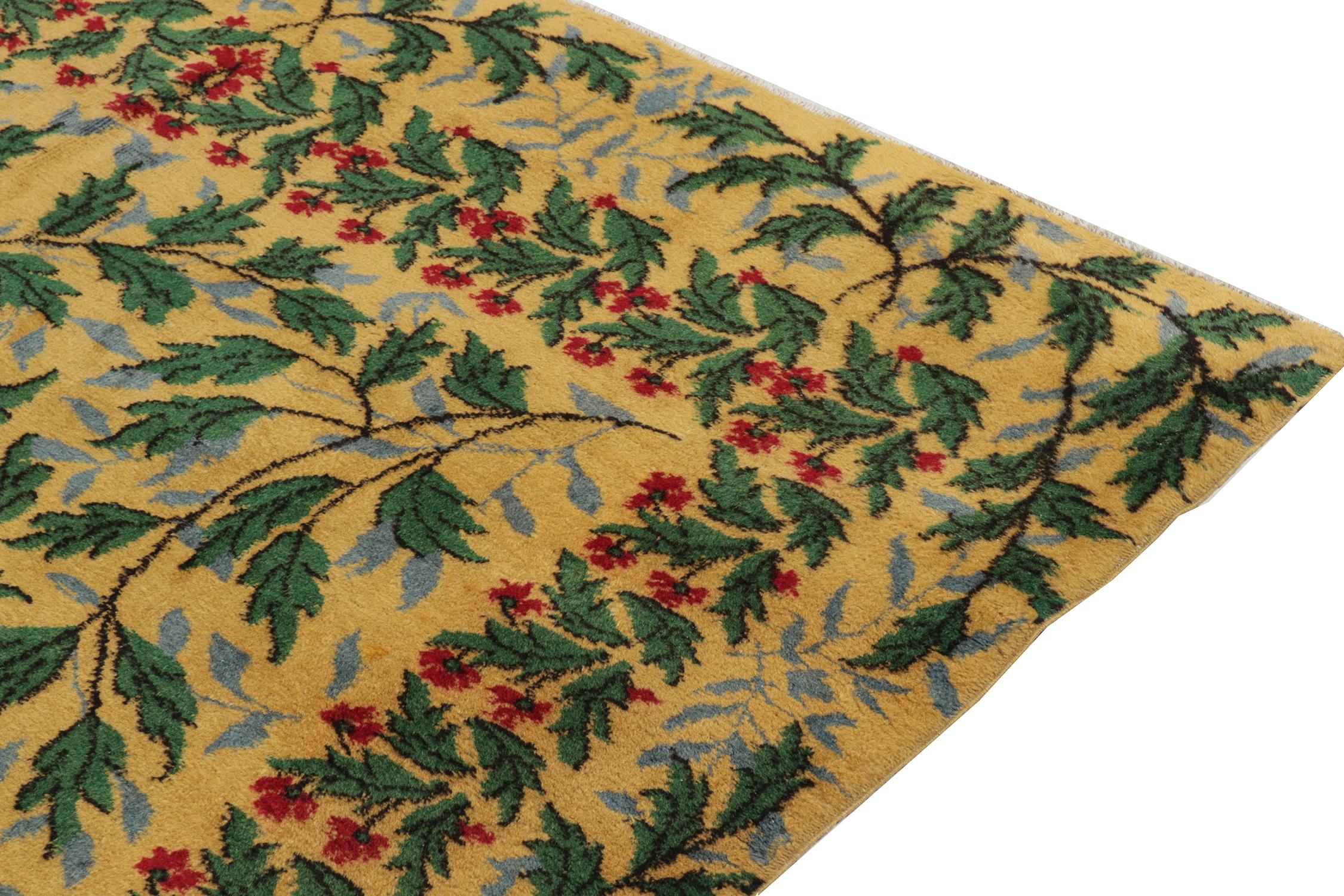 Indian 1960s Vintage Nouveau Style Rug in Gold, Green Floral Patterns by Rug & Kilim For Sale