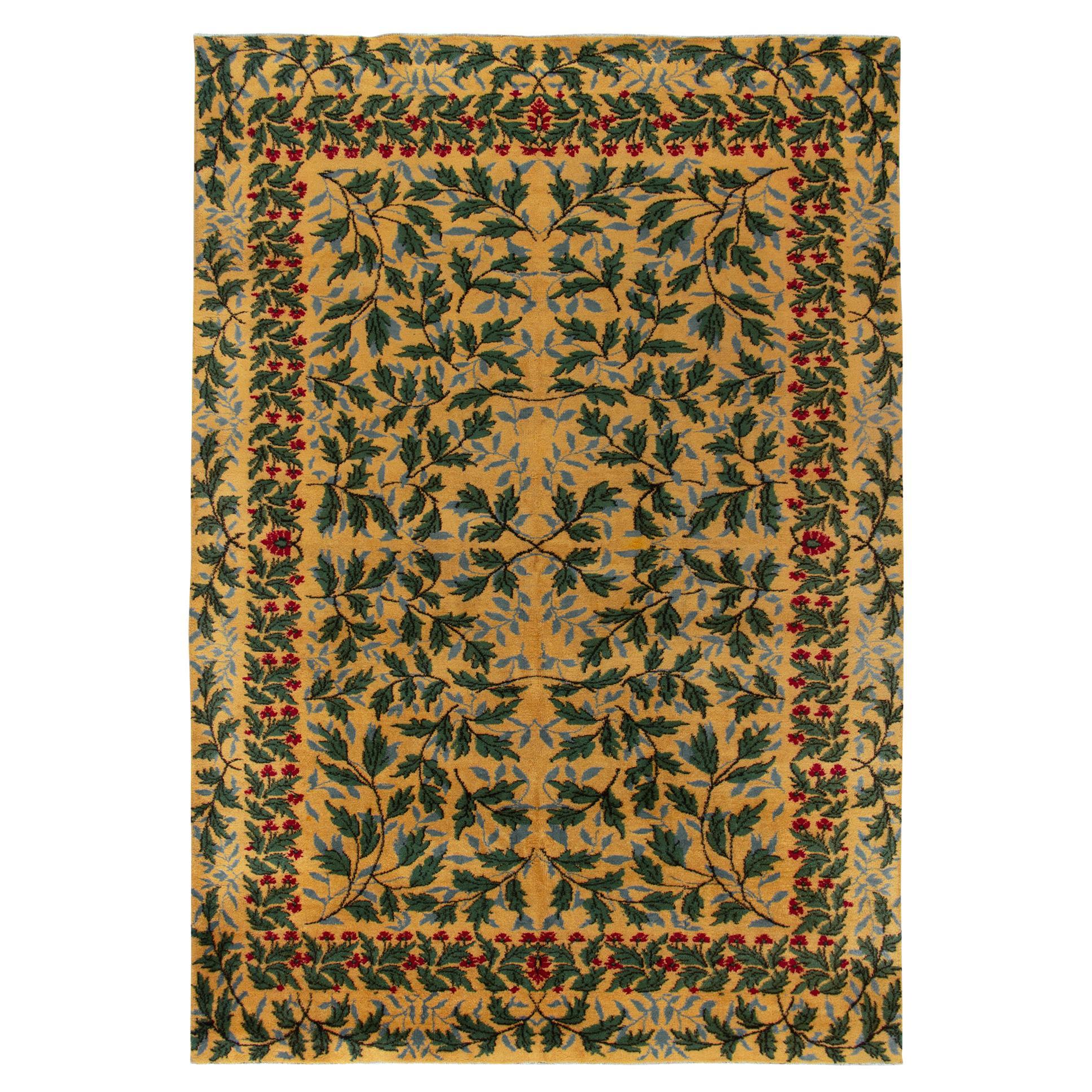 1960s Vintage Nouveau Style Rug in Gold, Green Floral Patterns by Rug & Kilim For Sale