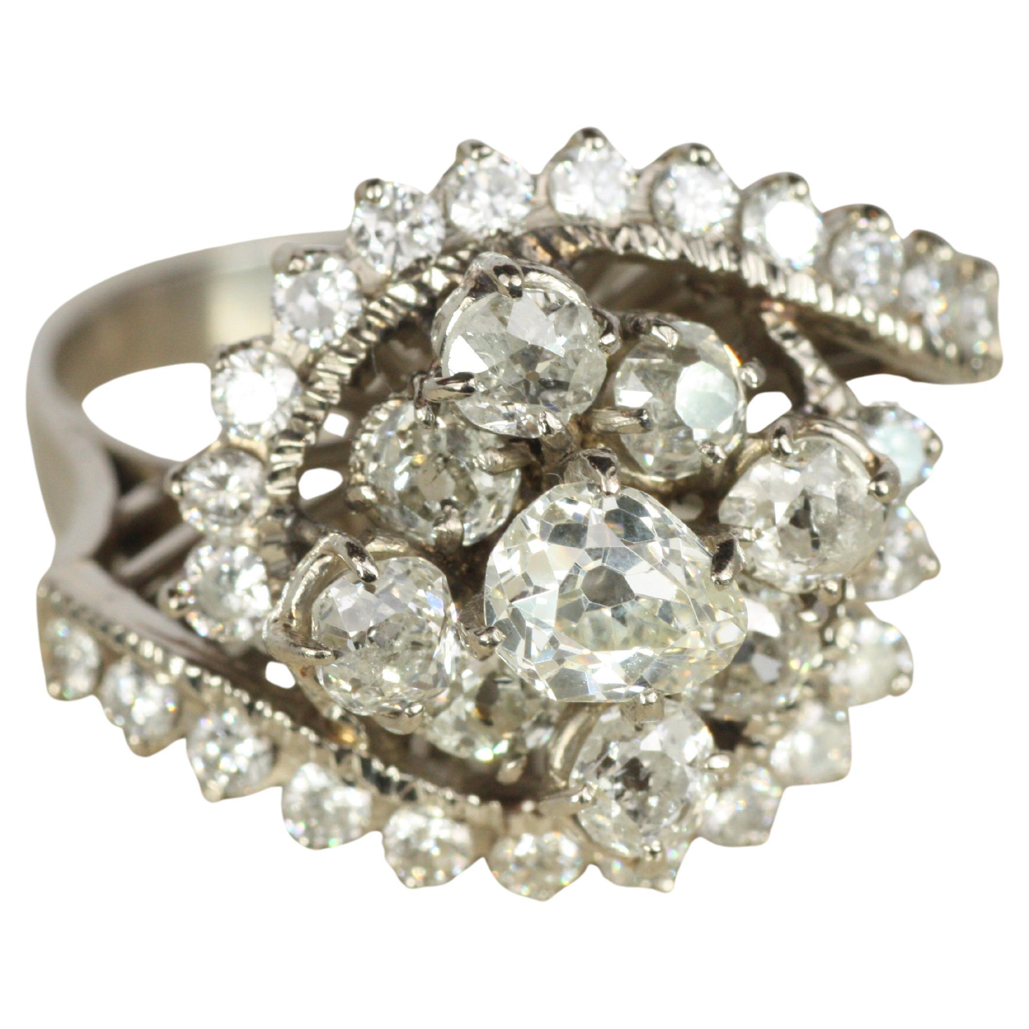1960s Vintage Old Mine Cut Diamond White Gold Cluster Ring
