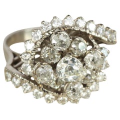 1960s Vintage Old Mine Cut Diamond White Gold Cluster Ring