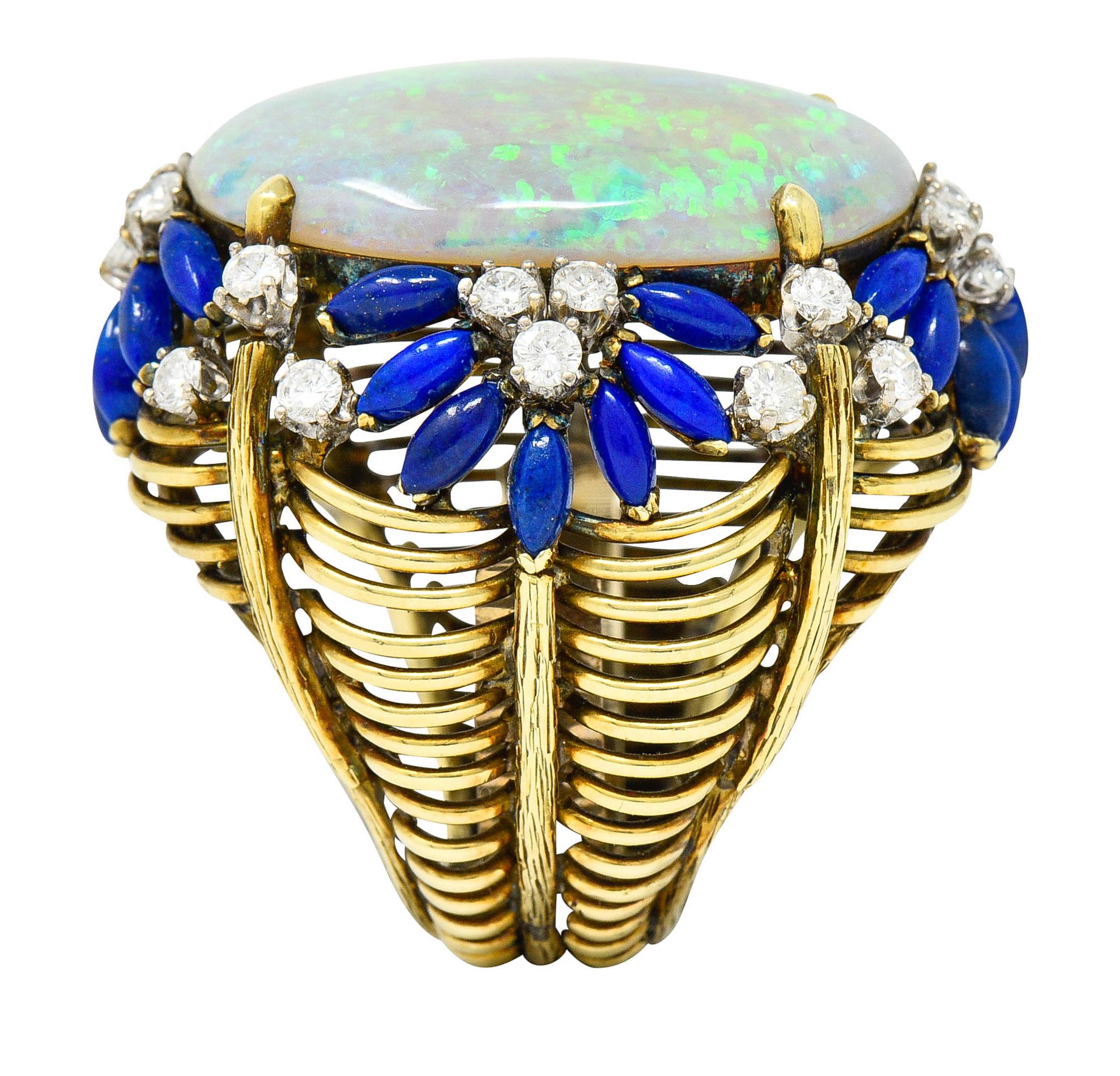 1960's Vintage Opal Lapis Diamond 18 Karat Gold Statement Ring 4