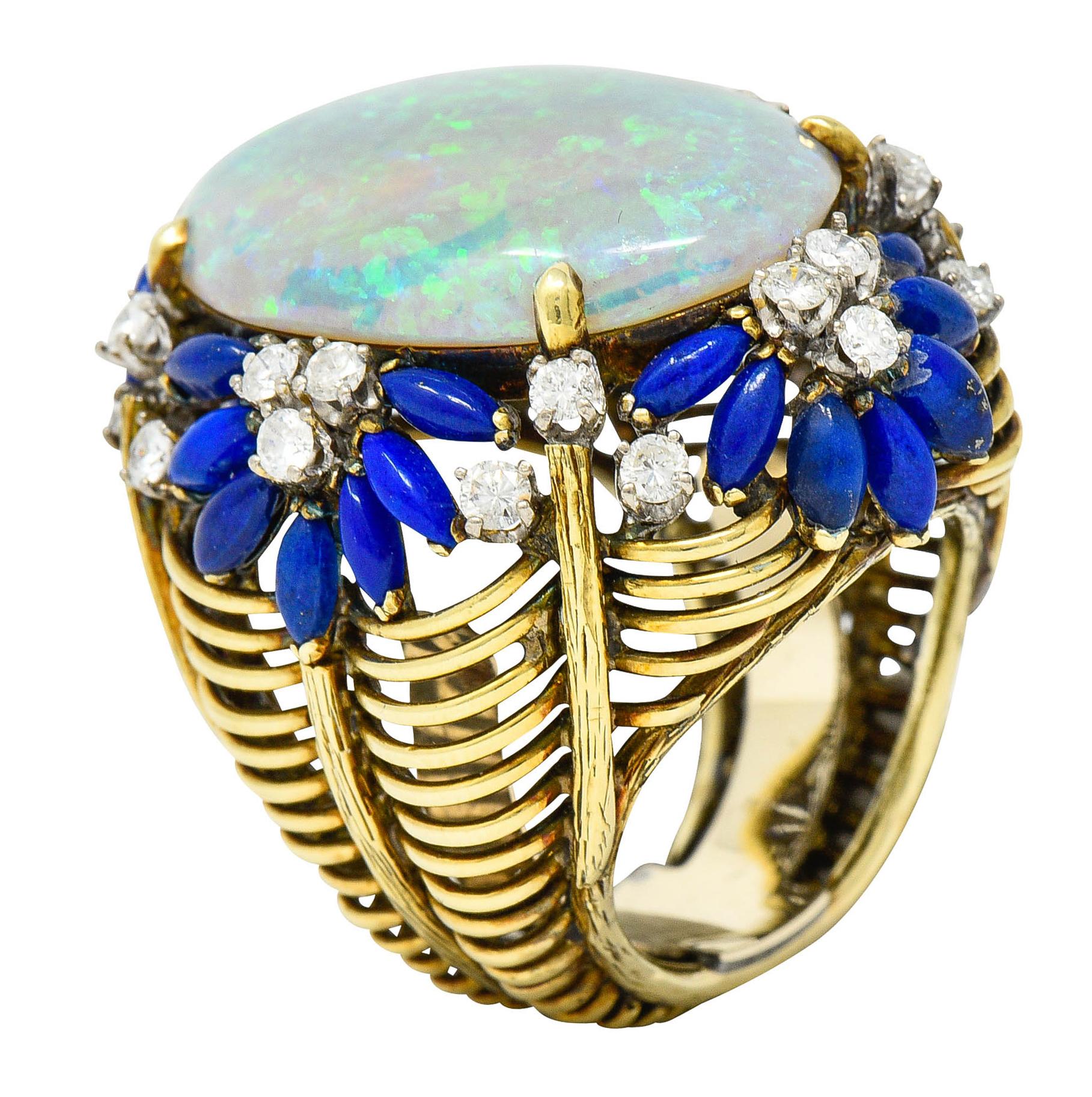 1960's Vintage Opal Lapis Diamond 18 Karat Gold Statement Ring 5