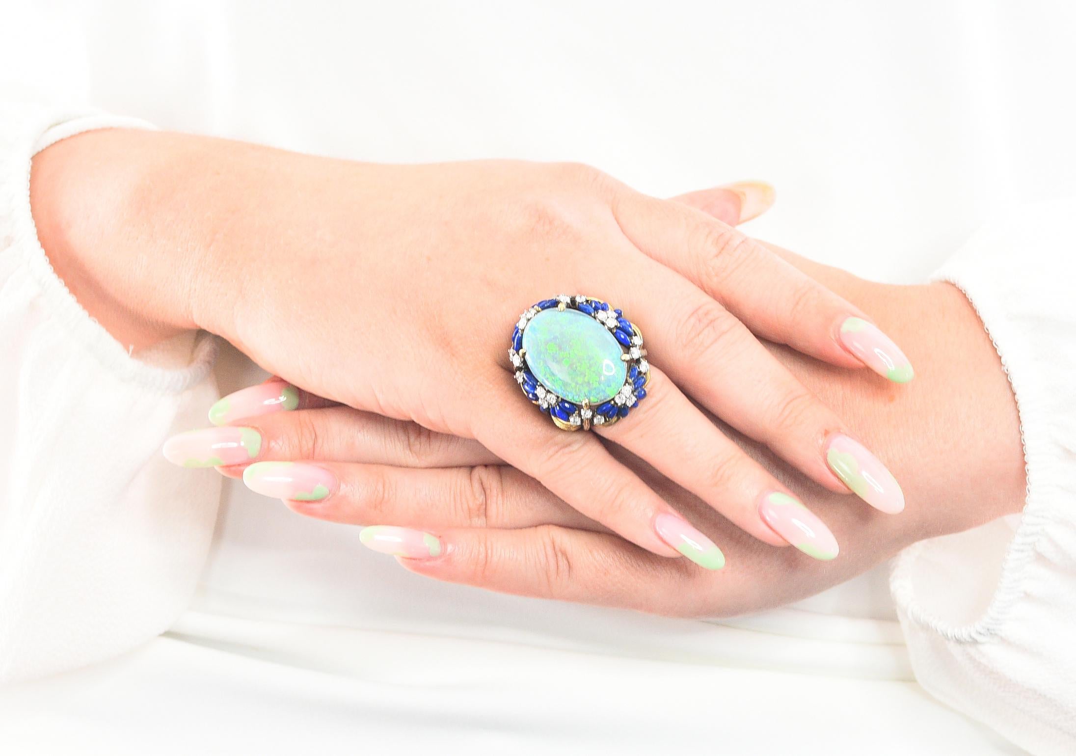 1960's Vintage Opal Lapis Diamond 18 Karat Gold Statement Ring 6