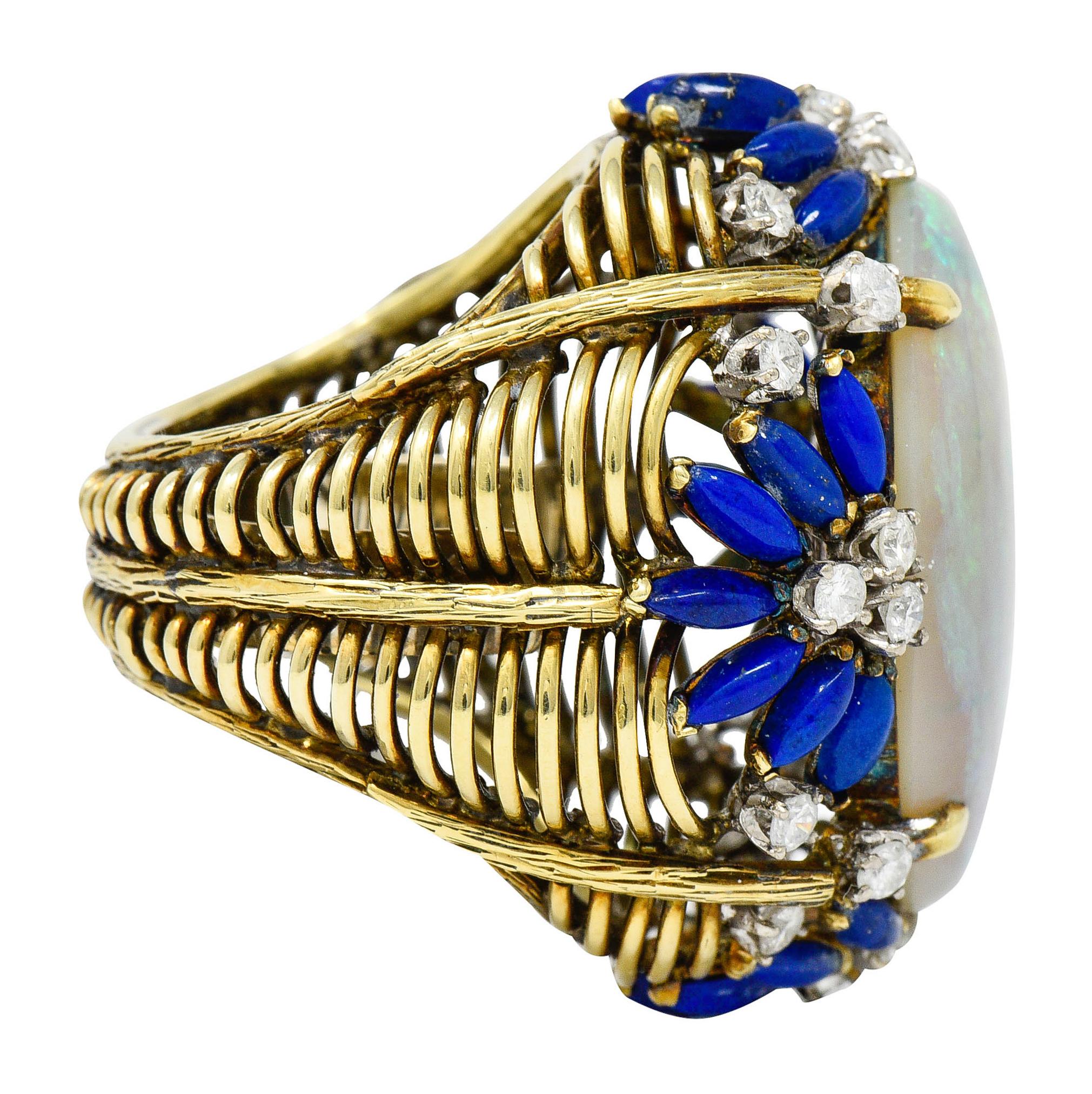 Contemporary 1960's Vintage Opal Lapis Diamond 18 Karat Gold Statement Ring