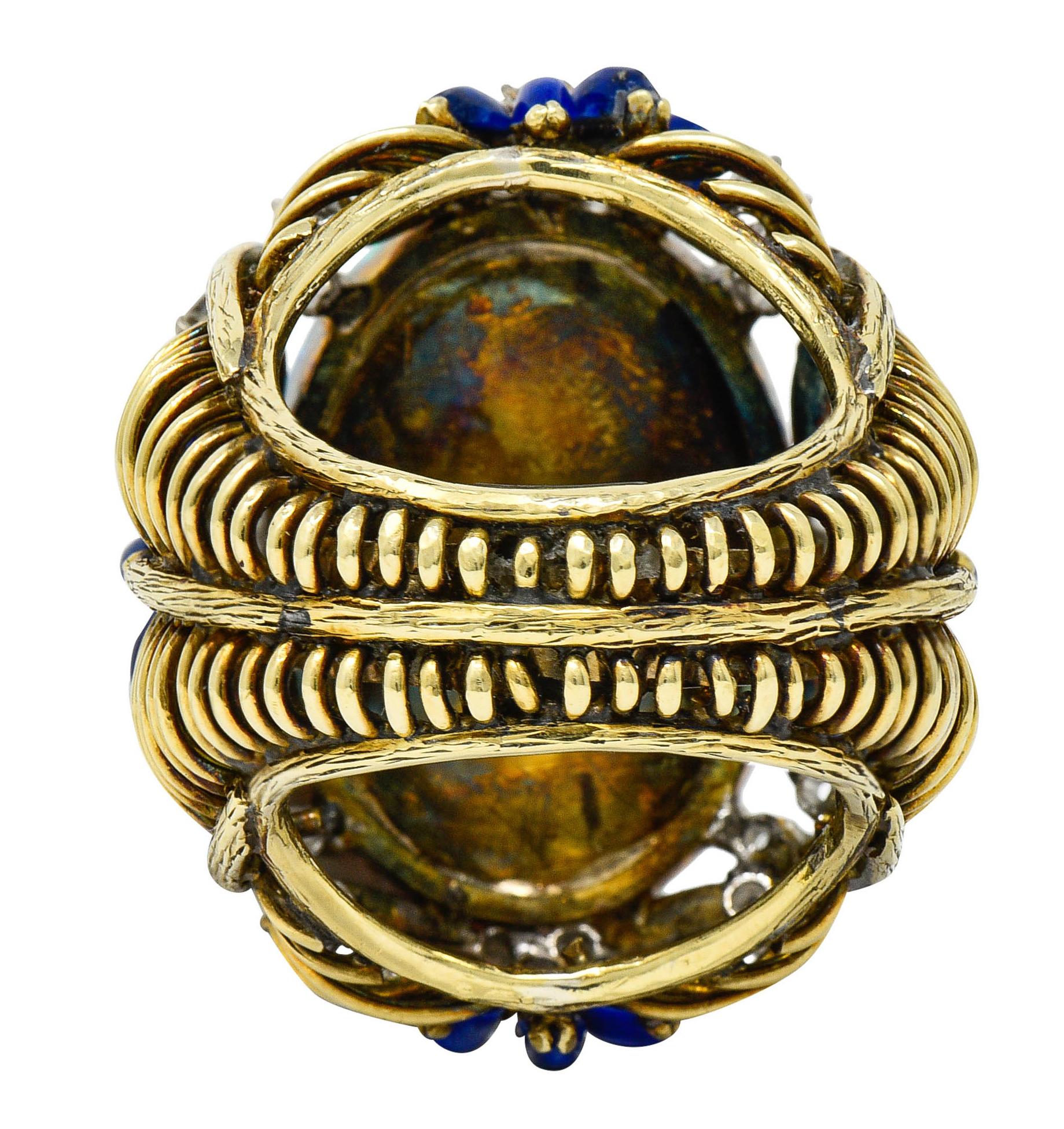 Brilliant Cut 1960's Vintage Opal Lapis Diamond 18 Karat Gold Statement Ring