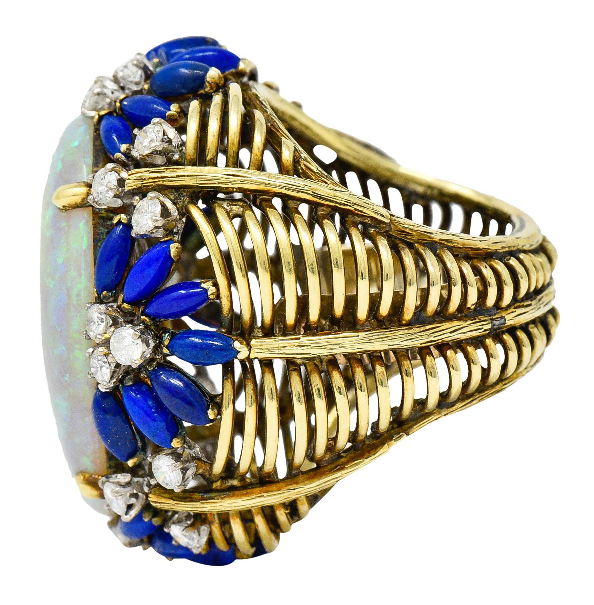 1960's Vintage Opal Lapis Diamond 18 Karat Gold Statement Ring In Excellent Condition In Philadelphia, PA
