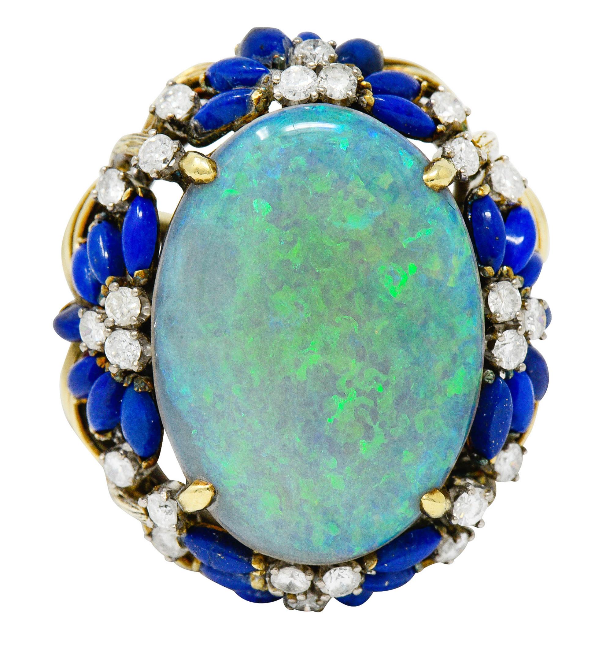 Women's or Men's 1960's Vintage Opal Lapis Diamond 18 Karat Gold Statement Ring