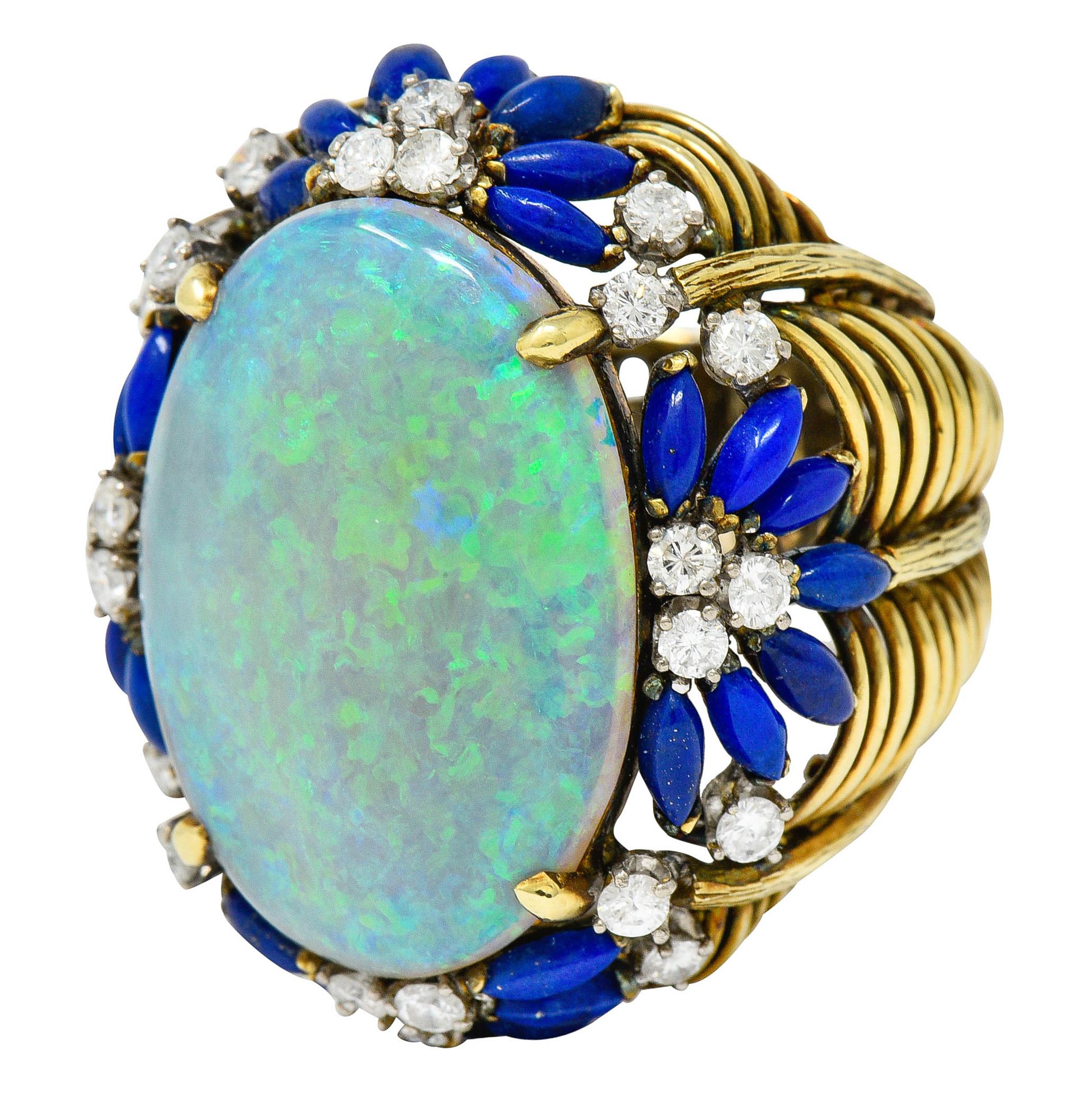 1960's Vintage Opal Lapis Diamond 18 Karat Gold Statement Ring 1