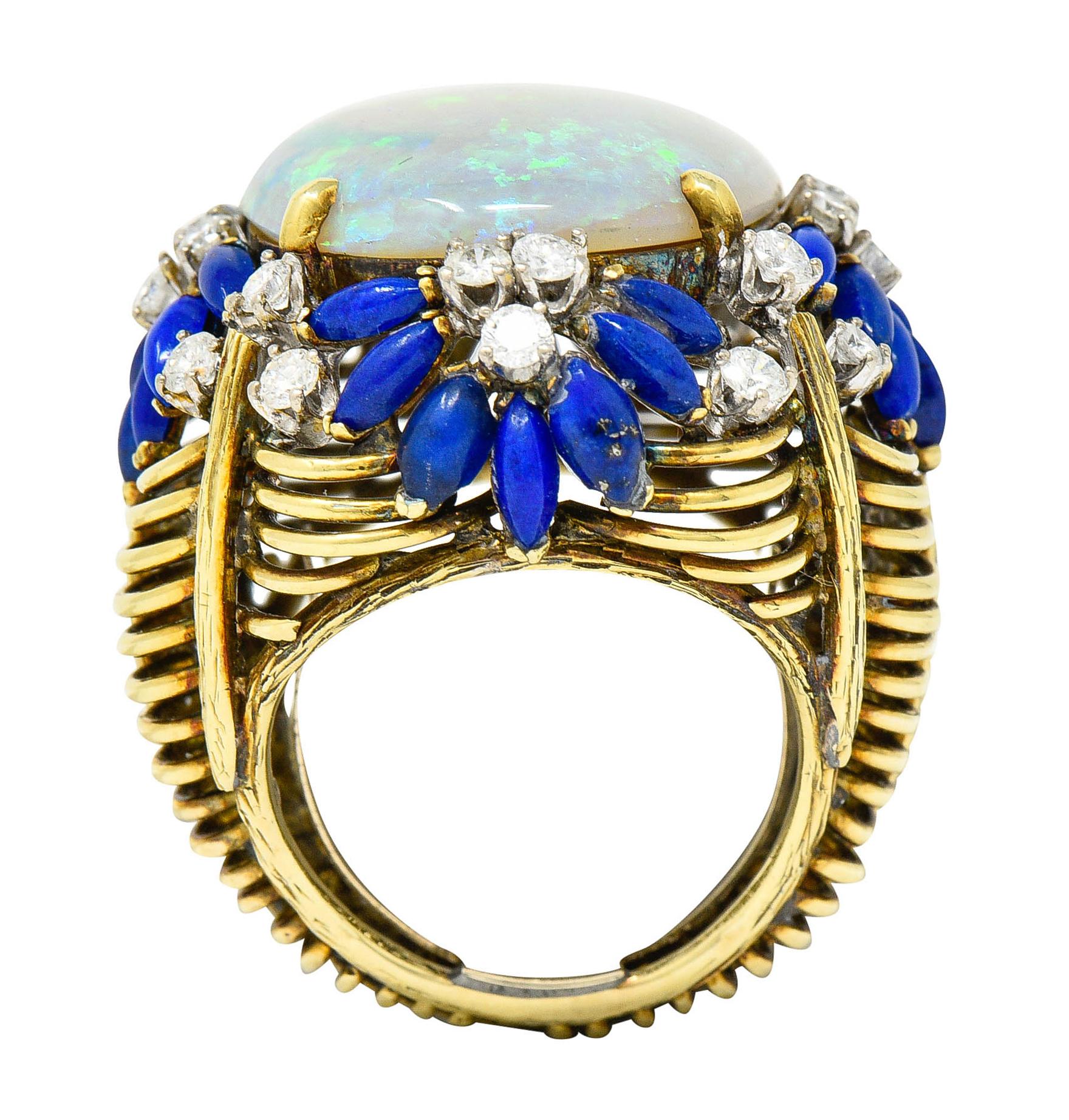 1960's Vintage Opal Lapis Diamond 18 Karat Gold Statement Ring 3