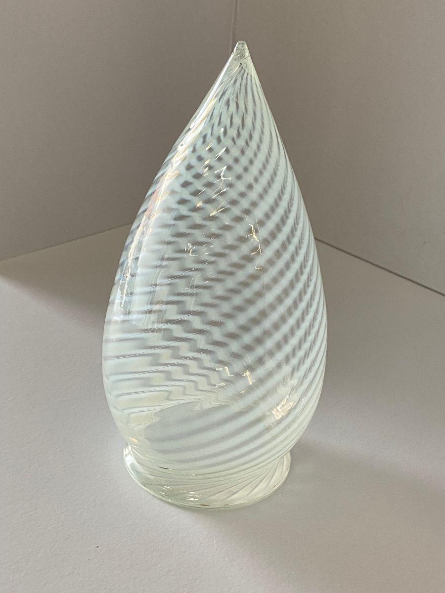 Vintage Art Deco vaseline opalescent teardrop swirl glass bullet shade. Heavy glass with handblown technique done by an expert glassblower, these hand-blown swirls show a master at their technique, circa the 1960s possibly made in Italy or USA in